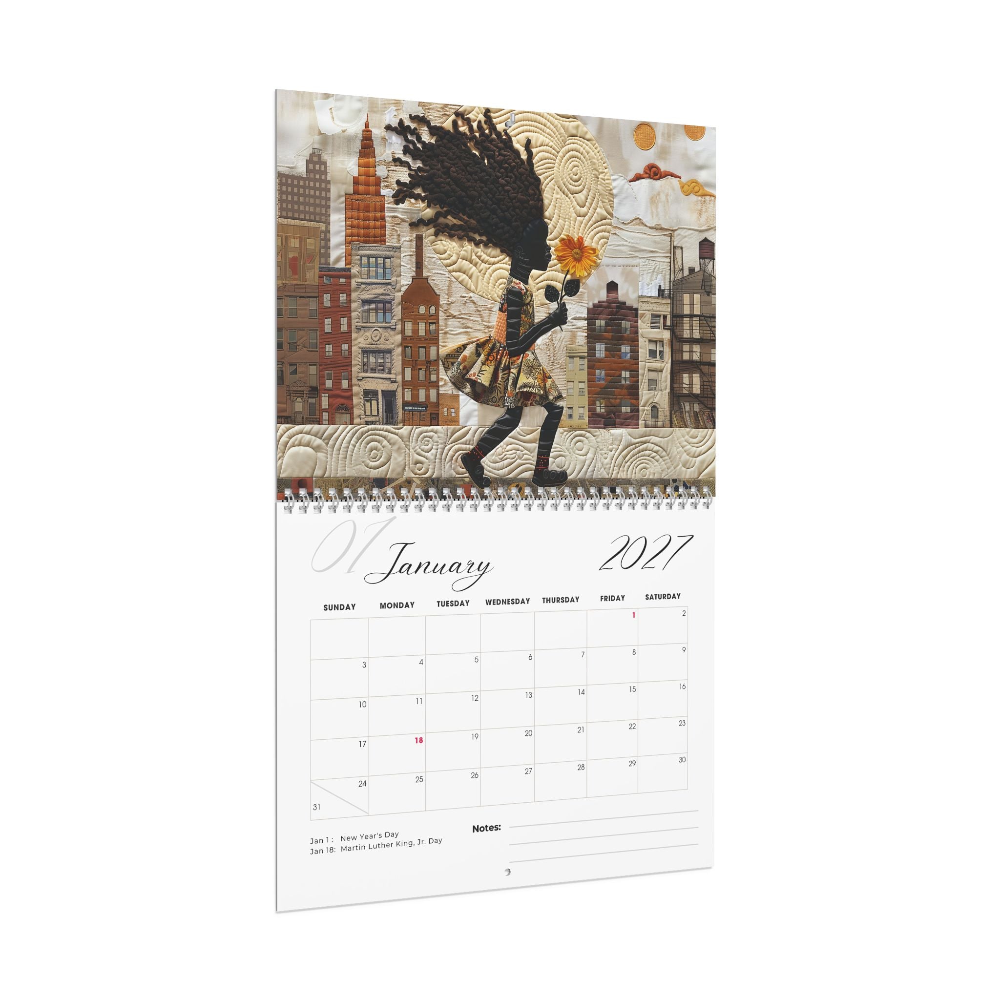 A side angle view of a vertical wall calendar page for January 2027, featuring an illustrated collage-style cityscape with a little girl holding a flower above a the month of January.