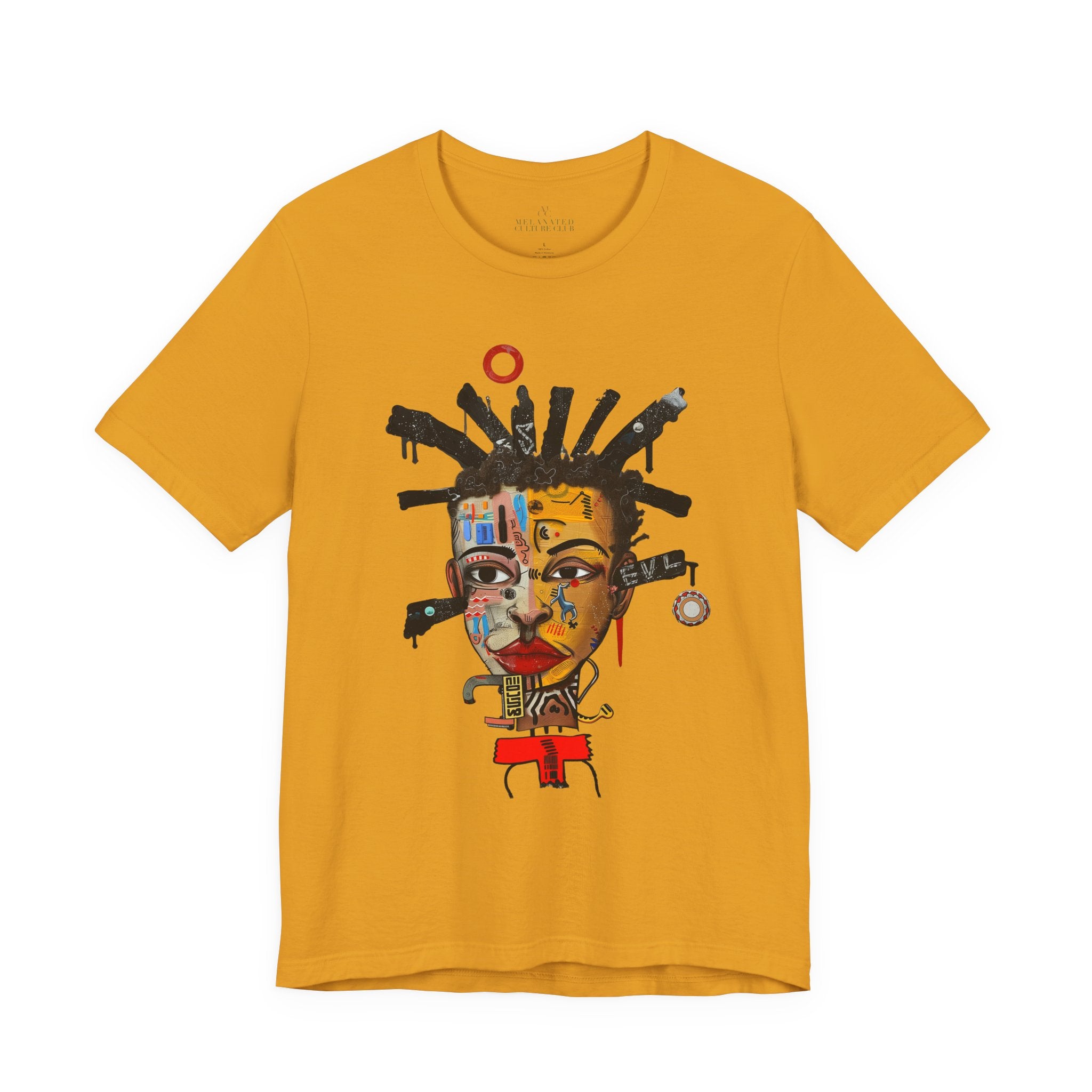 Abstract Afrocentric t-shirt featuring a split-face portrait of a Black man, half human and half robot, with expressive facial features and futuristic mechanical details in an Afrofuturism art style. Series 02