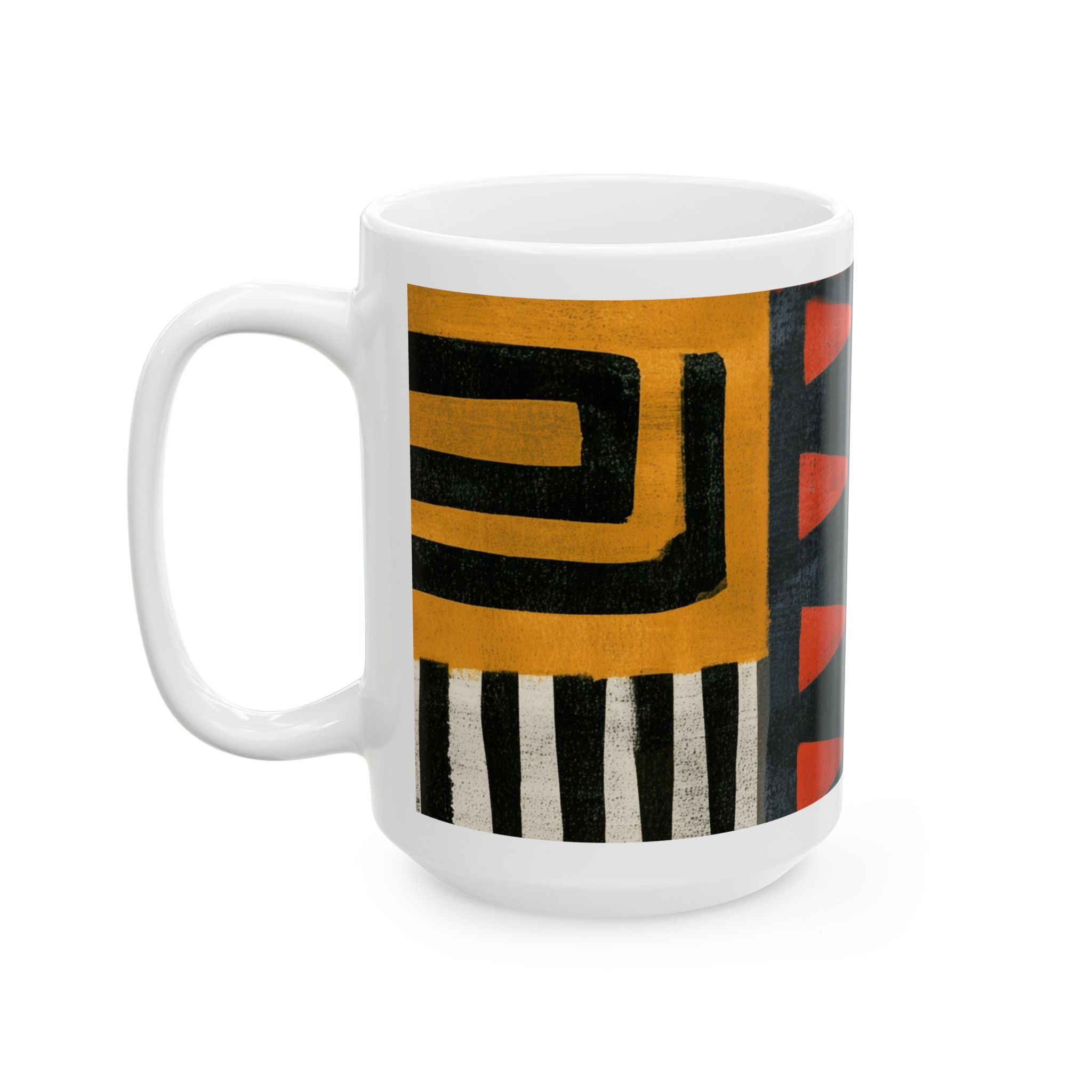 Left handle view of 11 oz Afrocentric abstract coffee mug featuring bold geometric shapes and textured patterns in red, gold, black, and cream, displayed against a white background.