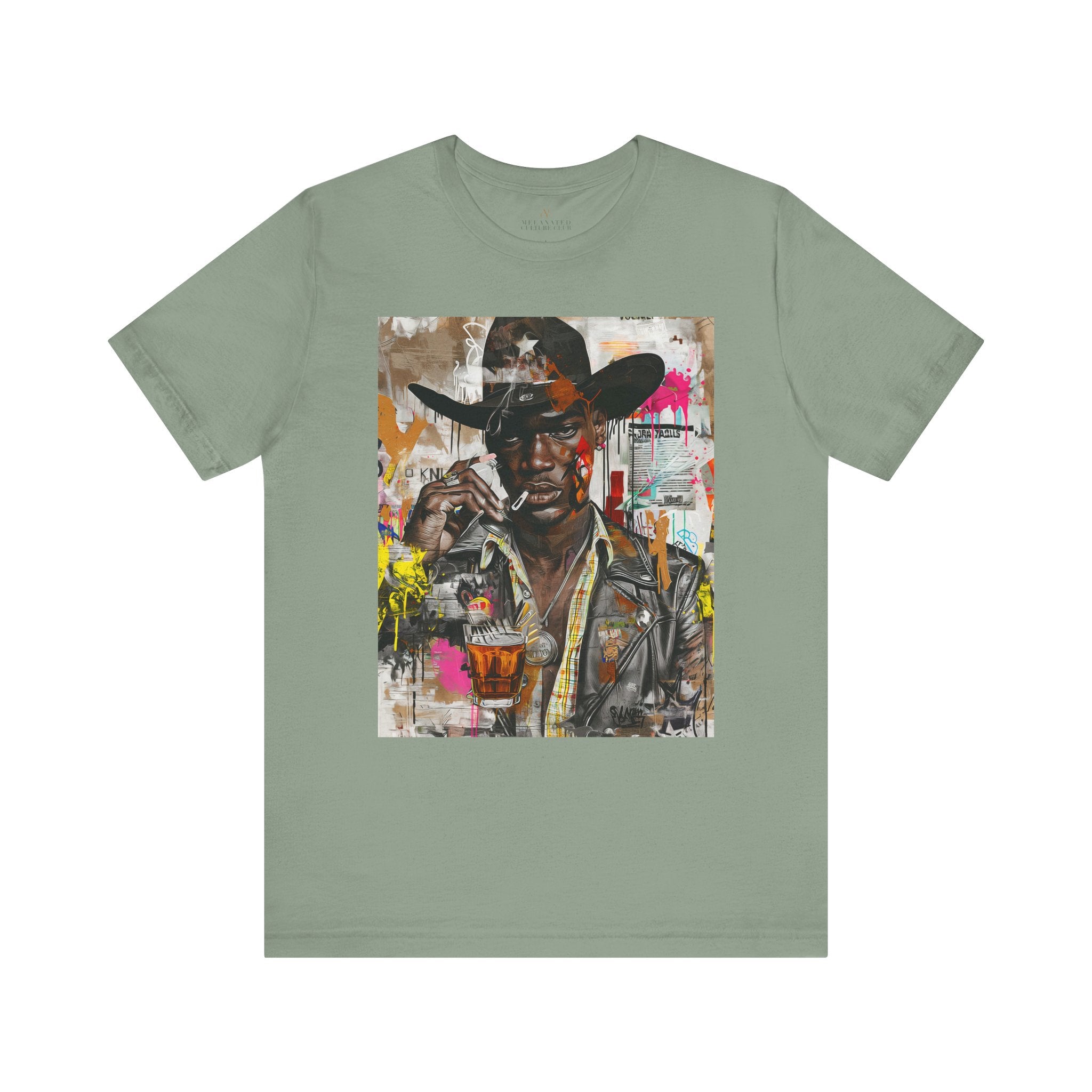 Black Cowboy Tee Cartoon Style Graffiti Collage Edgy - Style 03 - in sage.