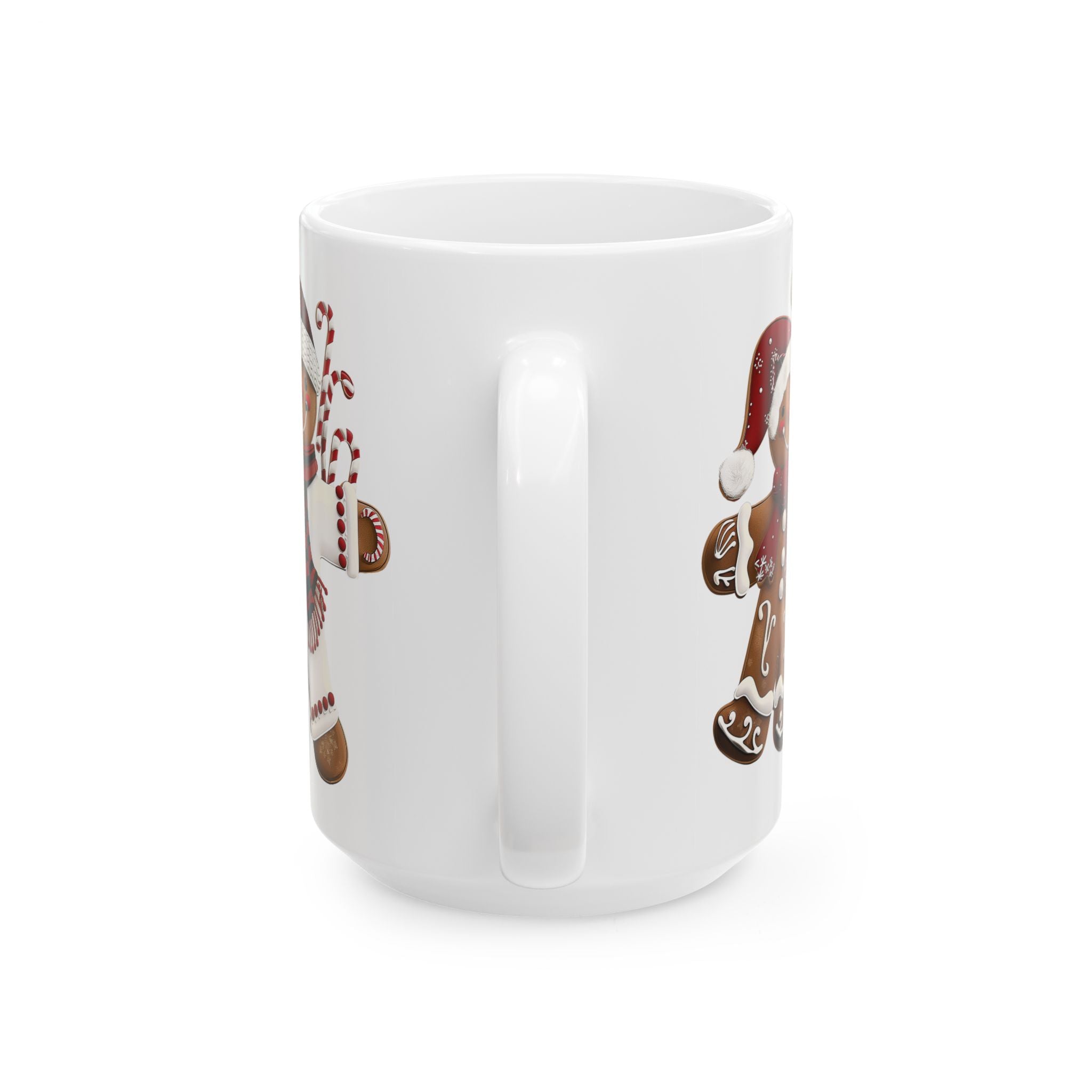 Gingerbread Cookie Couple Coffee Mug featuring a festive gingerbread couple design, Christmas holiday beverage mug perfect for coffee, tea, and hot cocoa, available in 11 oz and 15 oz sizes.