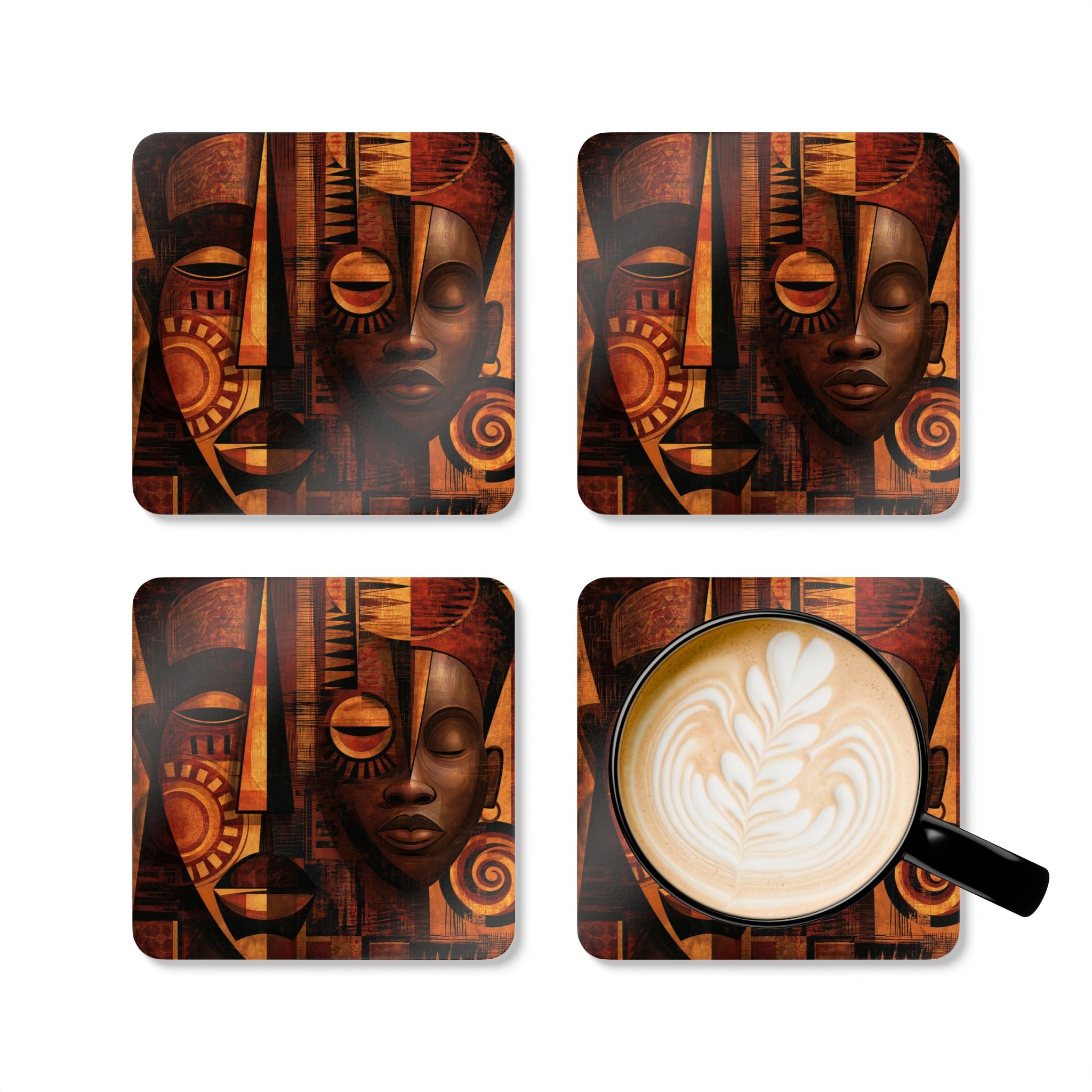 Four African Mask beverage coasters featuring vibrant Afrocentric artwork with cork backing. Coffee mug with decorative pattern in coffee.  Style 03