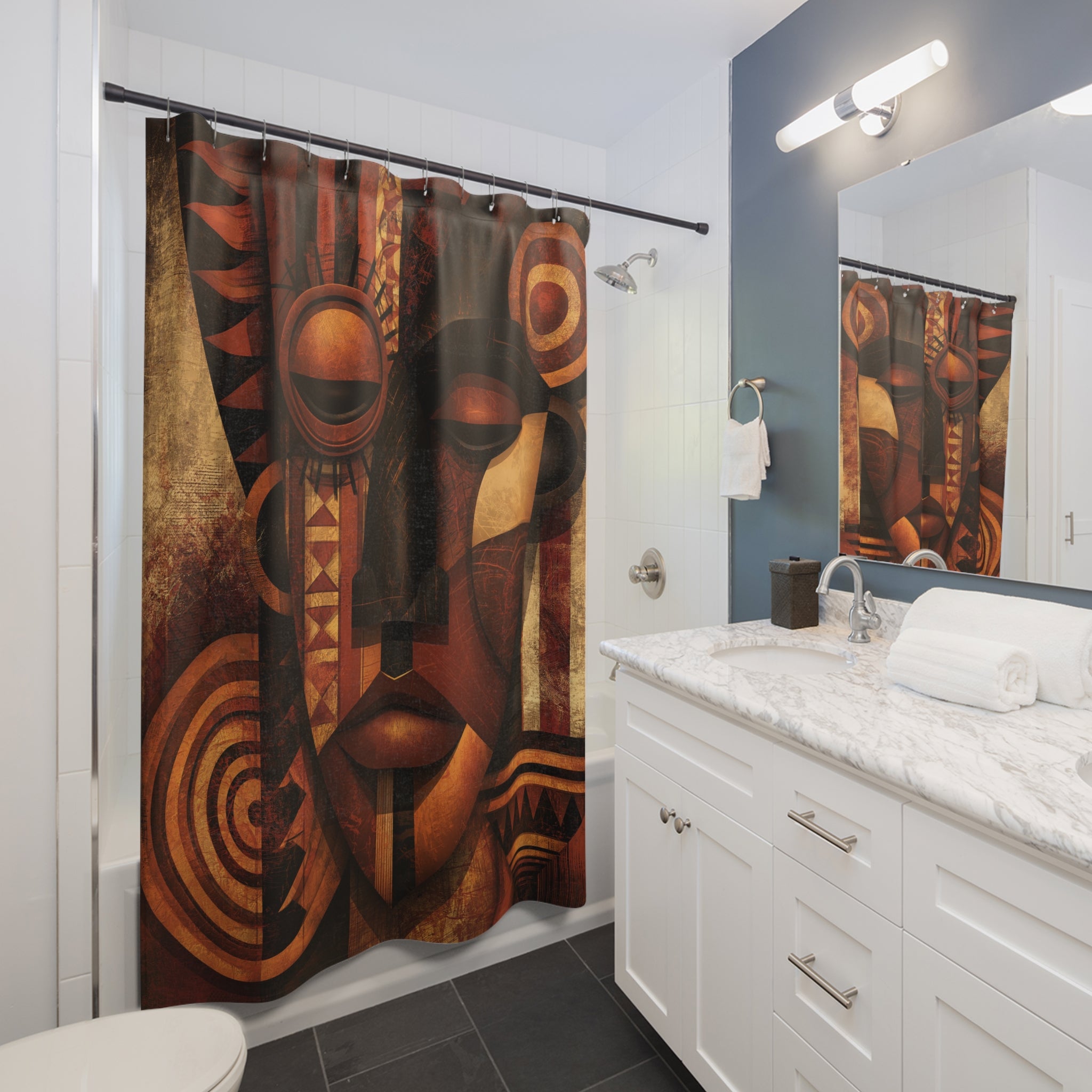African Mask Abstract Shower Curtain hanging on a straight shower curtain rod.