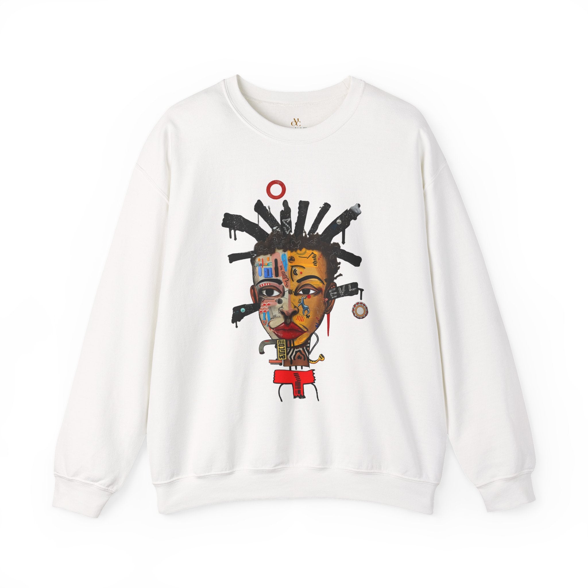 Abstract Afrocentric sweatshirt featuring a split-face portrait of a Black man, half human and half robot, with expressive facial features and futuristic mechanical details in an Afrofuturism art style.
