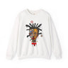 Abstract Afrocentric sweatshirt featuring a split-face portrait of a Black man, half human and half robot, with expressive facial features and futuristic mechanical details in an Afrofuturism art style.