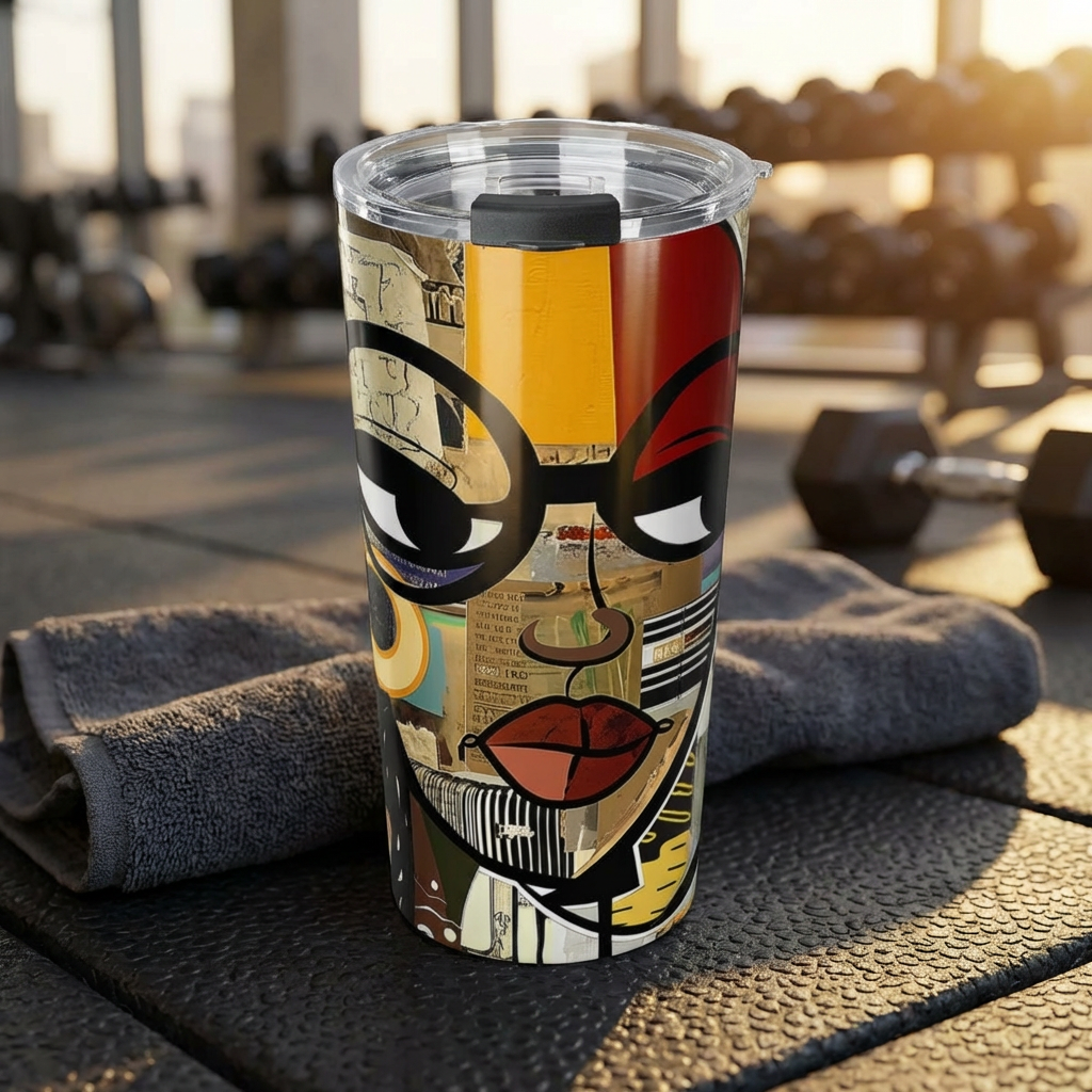 20 oz Boss Babe Latisha tumbler with graffiti style illustration of a confident woman, featuring a clear push-on lid and rubber gasket, suitable for hot and cold drinks
