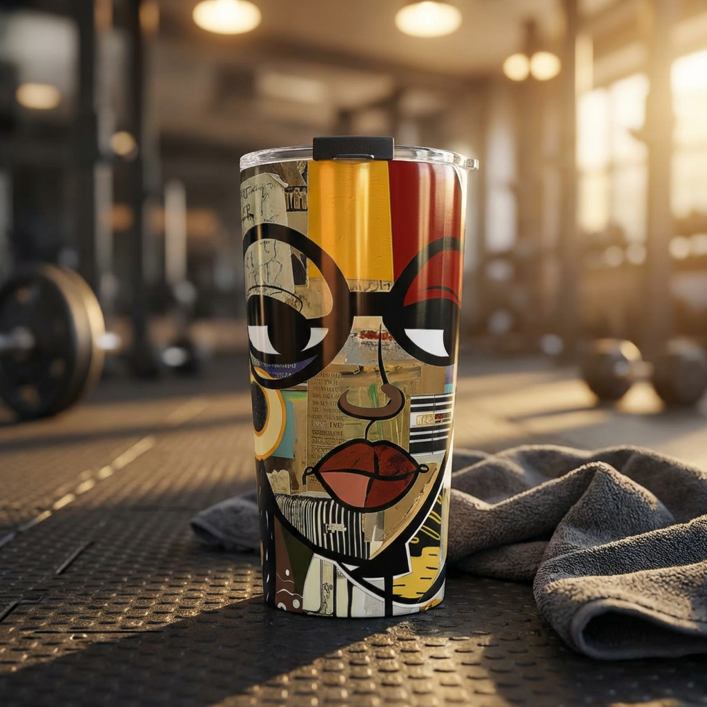 20 oz Boss Babe Latisha tumbler with graffiti style illustration of a confident woman, featuring a clear push-on lid and rubber gasket, suitable for hot and cold drinks