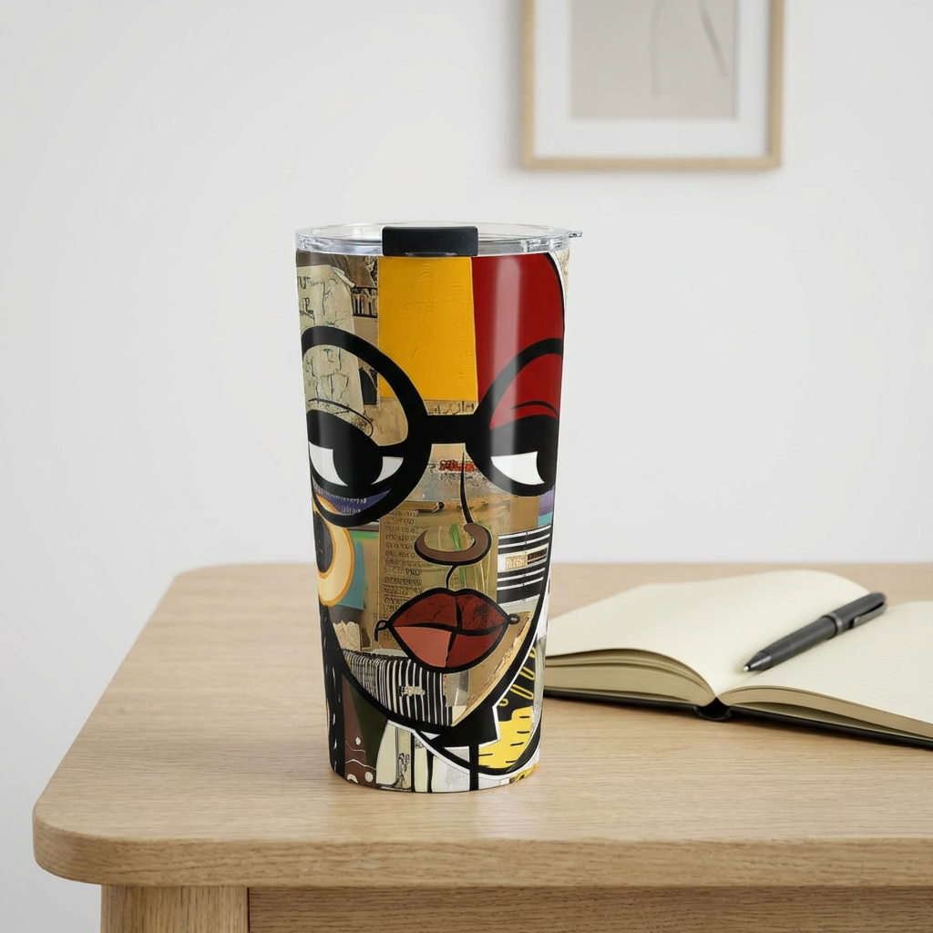 20 oz Boss Babe Latisha tumbler with graffiti style illustration of a confident woman, featuring a clear push-on lid and rubber gasket, suitable for hot and cold drinks