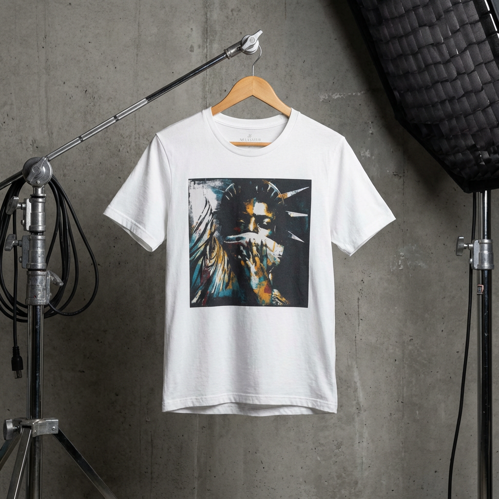 Black woman depicted as Statue of Liberty with mouth covered by white cloth symbolizing silenced freedom of speech First Amendment protest art on tee shirt.