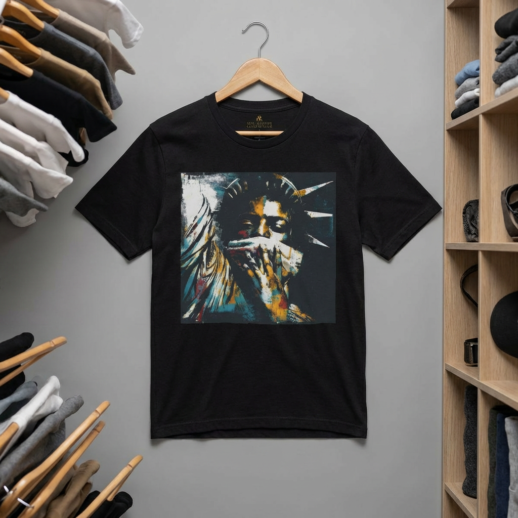 Black woman depicted as Statue of Liberty with mouth covered by white cloth symbolizing silenced freedom of speech First Amendment protest art on tee shirt.