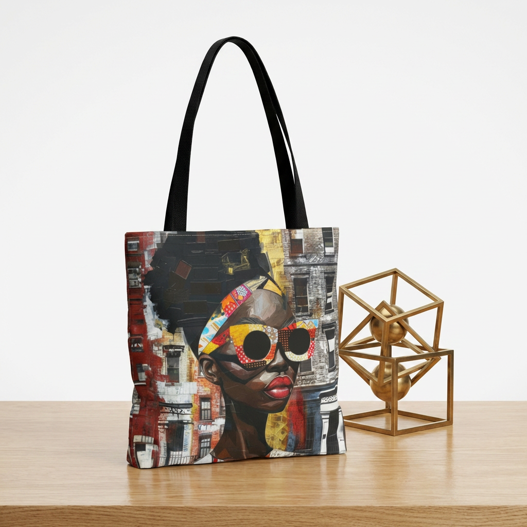 Boss Babe Lakendra tote bag featuring an abstract  Black woman with pop art style large round sunglasses. The design has a vibrant, graffiti-inspired aesthetic that celebrates African American beauty, confidence, and urban art style.