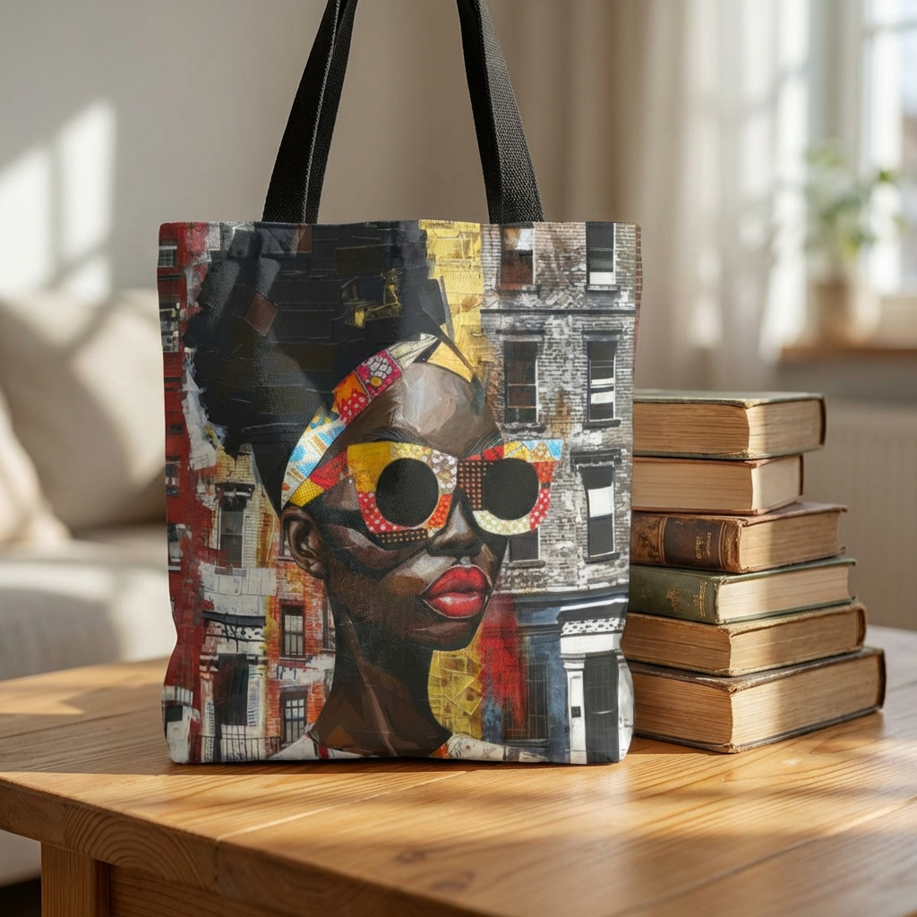 Boss Babe Lakendra tote bag featuring an abstract  Black woman with pop art style large round sunglasses. The design has a vibrant, graffiti-inspired aesthetic that celebrates African American beauty, confidence, and urban art style.
