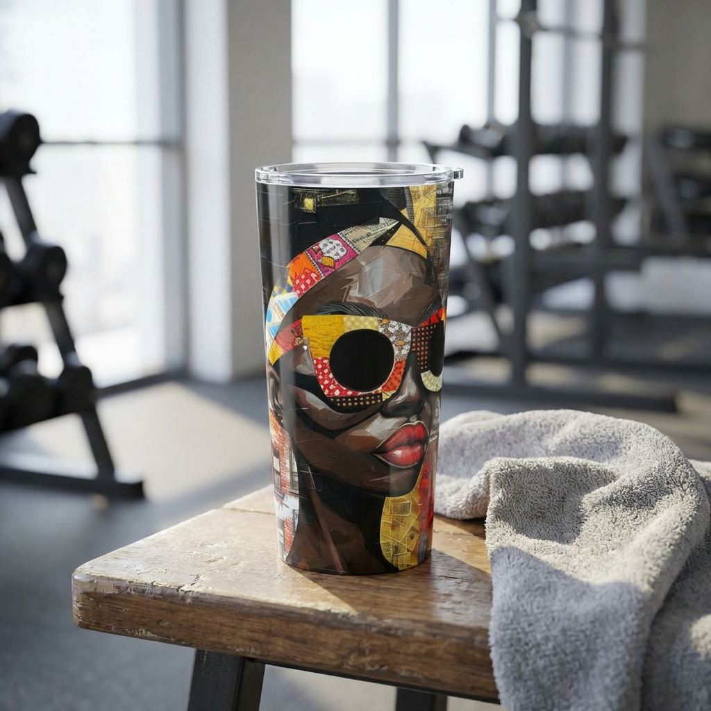 20 oz Boss Babe Lakendra tumbler with graffiti style illustration of a confident woman, featuring a clear push-on lid and rubber gasket, suitable for hot and cold drinks.