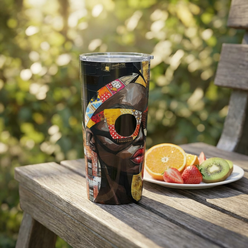 20 oz Boss Babe Lakendra tumbler with graffiti style illustration of a confident woman, featuring a clear push-on lid and rubber gasket, suitable for hot and cold drinks.