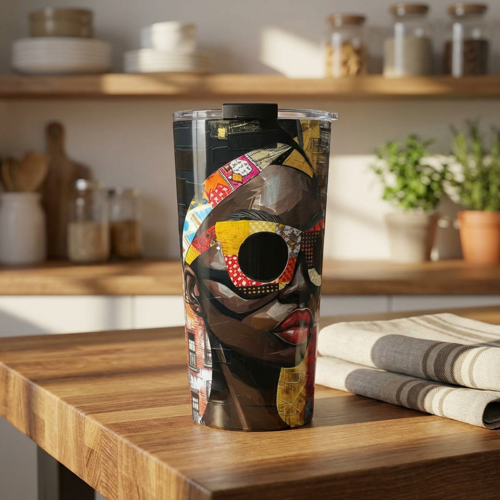 20 oz Boss Babe Lakendra tumbler with graffiti style illustration of a confident woman, featuring a clear push-on lid and rubber gasket, suitable for hot and cold drinks.
