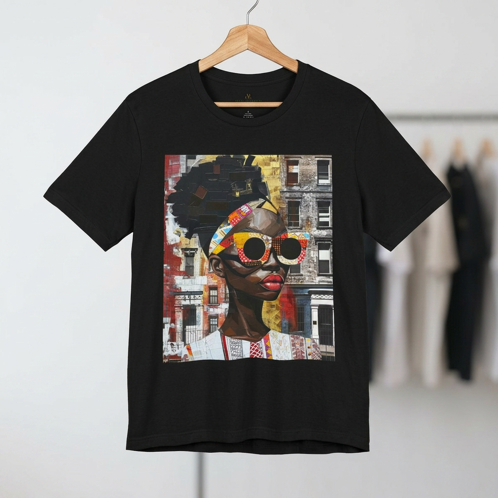 Best Seller Boss Babe graphic tee featuring an abstract cartoon-style Black woman, Lakendra with large round pop-art style sunglasses. The design has a vibrant, graffiti-inspired aesthetic that celebrates African American beauty, confidence, and urban art style.