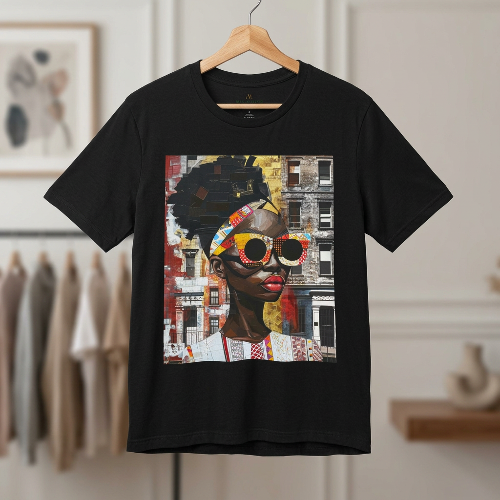 Best Seller Boss Babe graphic tee featuring an abstract cartoon-style Black woman, Lakendra with large round pop-art style sunglasses. The design has a vibrant, graffiti-inspired aesthetic that celebrates African American beauty, confidence, and urban art style.