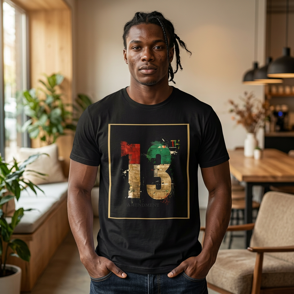 African American Black History graphic t-shirt honoring the 13th Amendment and abolition of slavery in 1865, featuring a bold freedom-inspired Afrocentric design celebrating Black culture, heritage, and Juneteenth pride.