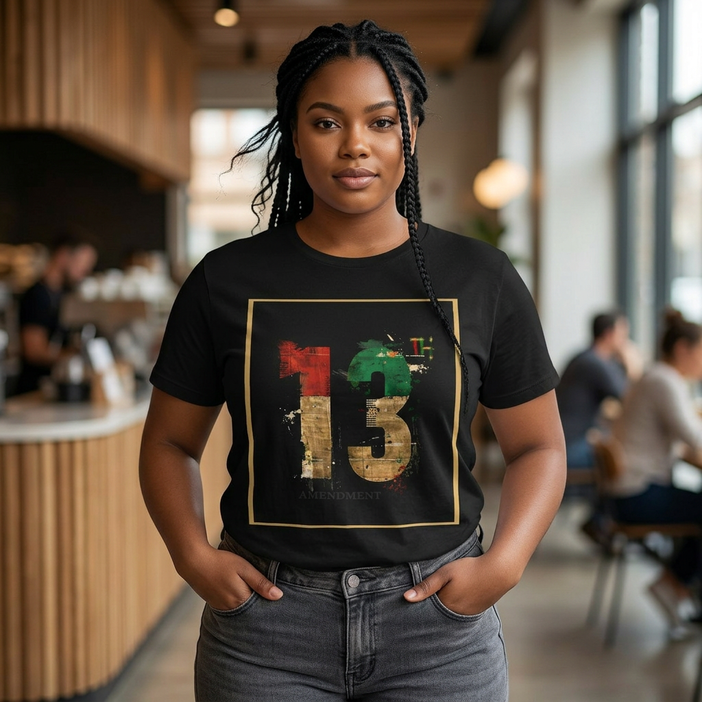 African American Black History graphic t-shirt honoring the 13th Amendment and abolition of slavery in 1865, featuring a bold freedom-inspired Afrocentric design celebrating Black culture, heritage, and Juneteenth pride.
