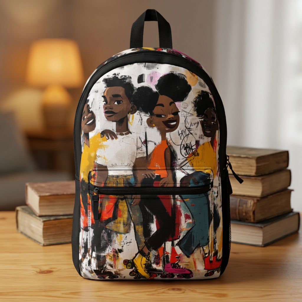 Afrocentric backpack featuring colorful graffiti-style artwork of joyful Black teen roller skaters in a vibrant urban setting with bold street art, expressive movement, and contemporary African American illustration.