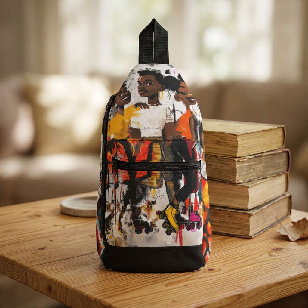 Styled on a wooden table next to a stack of vintage books., an afrocentric backpack featuring colorful graffiti-style artwork of joyful Black teen roller skaters.
