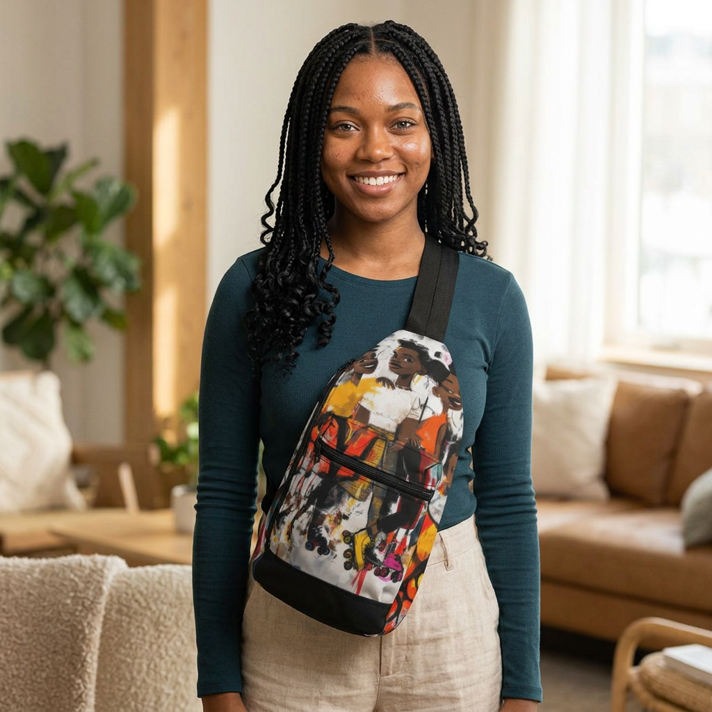 Black female student carrying an afrocentric crossbody sling bag, featuring a colorful graffiti-style artwork of joyful Black teen roller skaters.