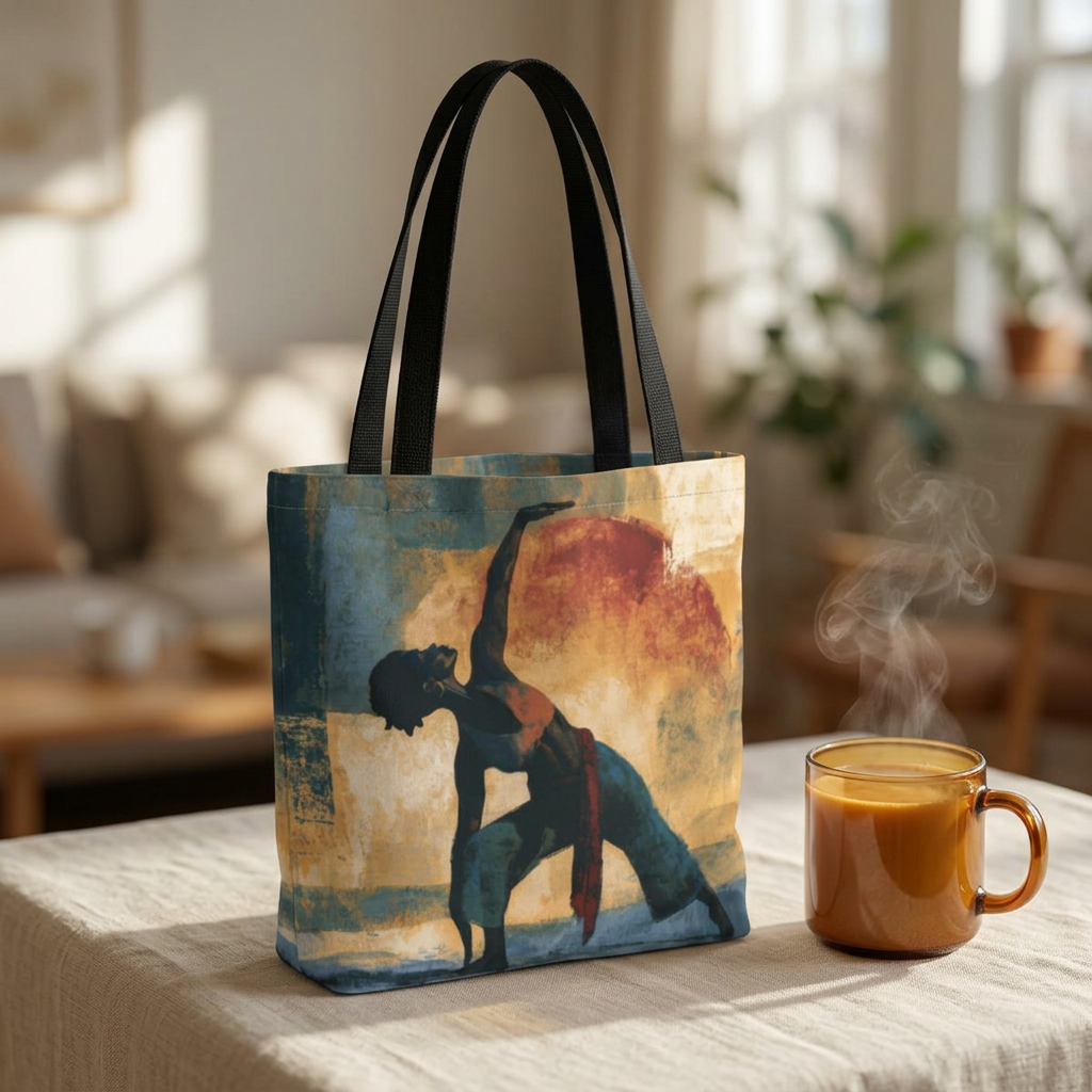 A canvas tote bag with black handles sits on a table in a softly lit living room. The bag features an artistic print of a black woman in a yoga pose in a blue and orange composition.