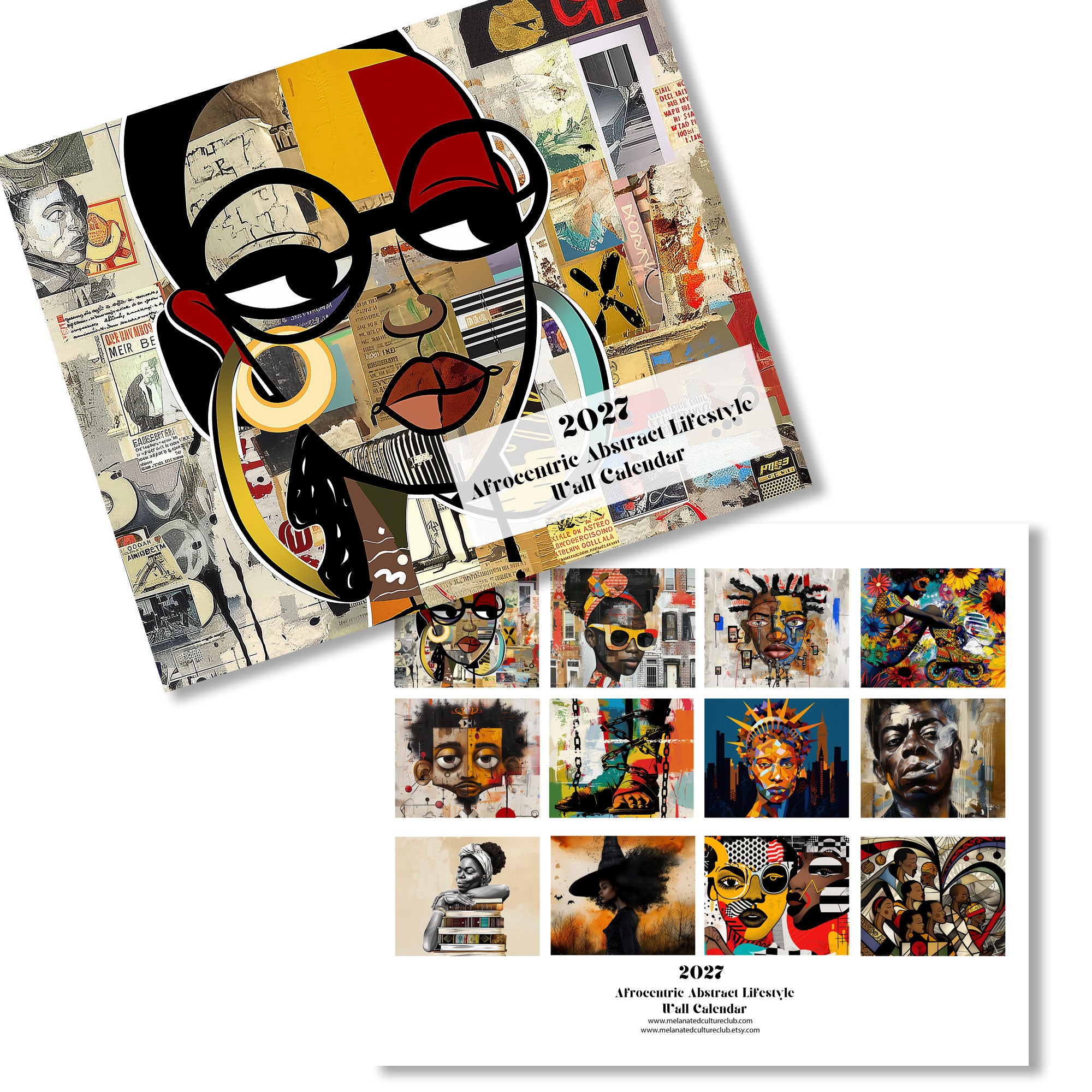 A 2027 Afrocentric Abstract Lifestyle Yearly Calendar shown in two views: a tilted cover page featuring a bold collage portrait, and a flat preview page with twelve colorful afrocentric abstract artwork thumbnails.