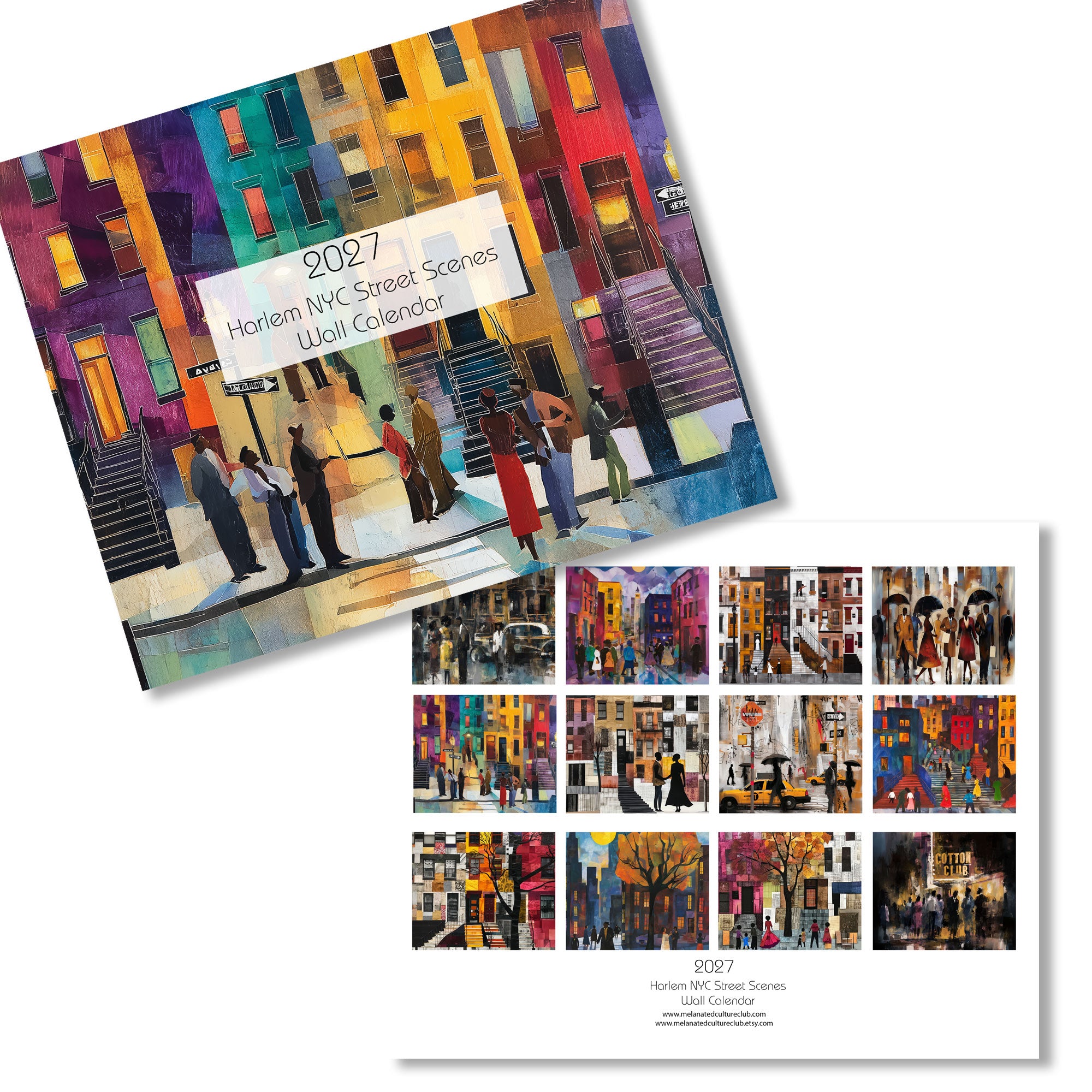 A 2027 Harlem NYC Street Scenes Wall Calendar shown from two angles: one angled view displaying the colorful illustrated cover, and one flat view showing a grid of multiple Harlem street scene illustrations on a white background.