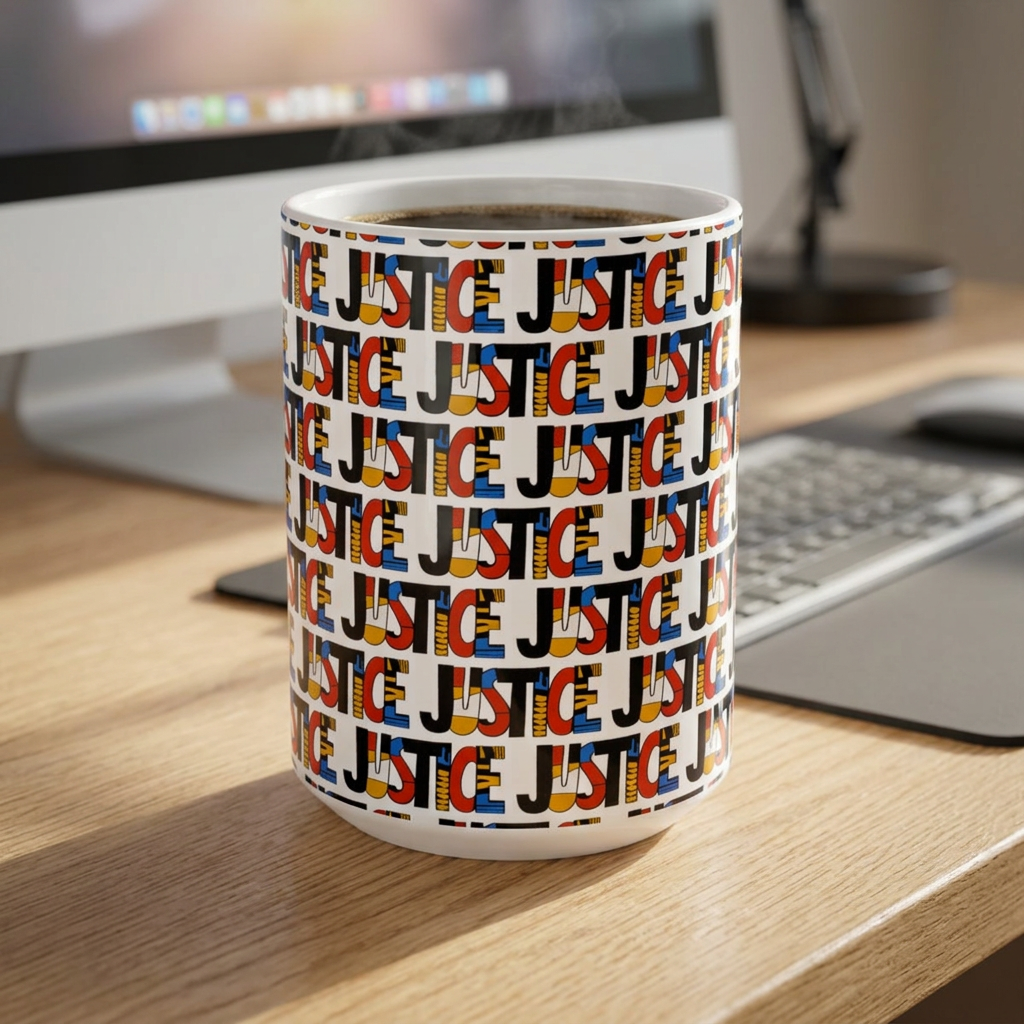 A 15 oz white ceramic coffee mug with a repeating colorful 'JUSTICE' pattern sits on a wooden desk in front of a computer monitor and keyboard.