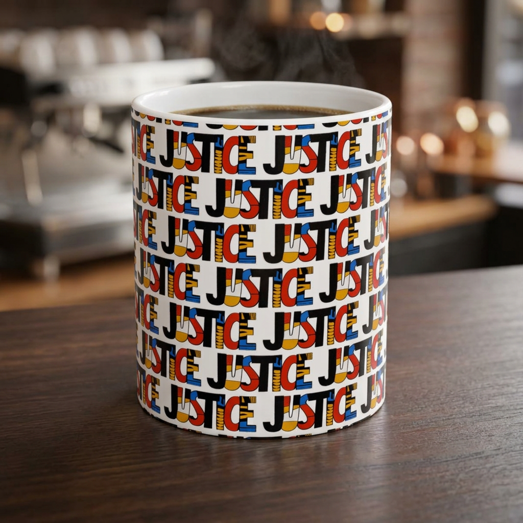 A white ceramic coffee mug with a colorful repeating 'JUSTICE' pattern, filled with black coffee and sitting on a dark wooden table in a cafe setting.