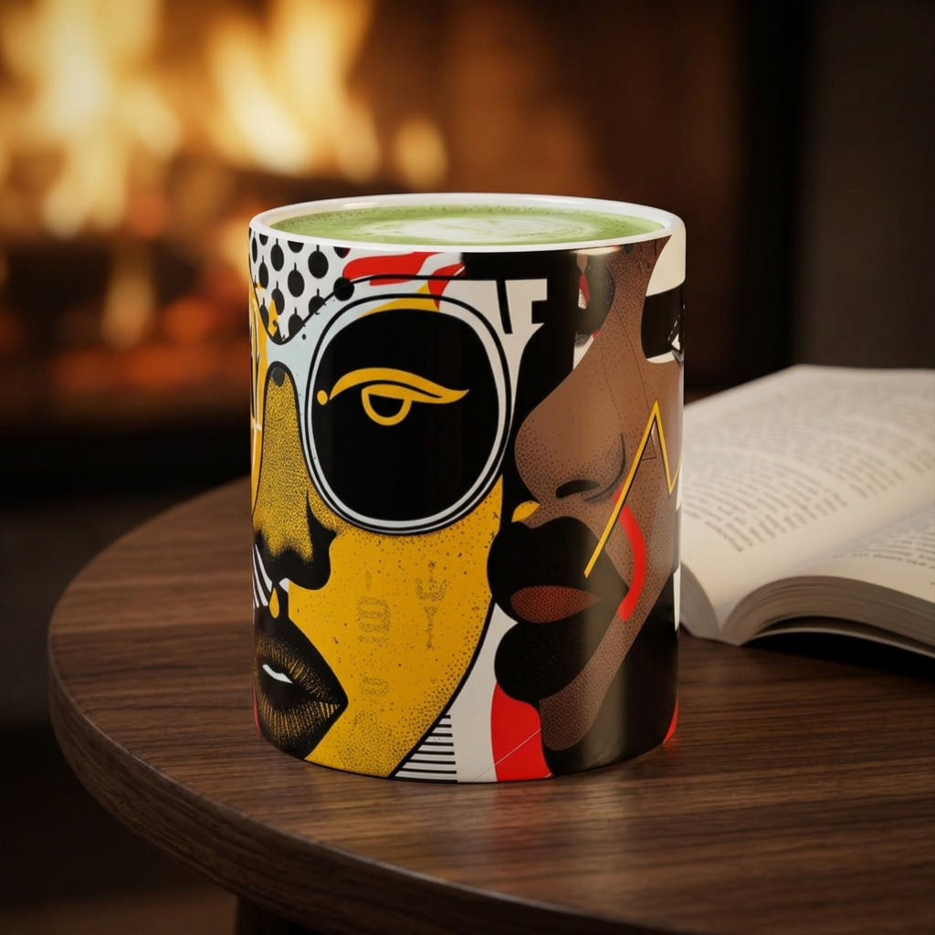 A ceramic mug with a bold pop-art design of two faces, one in yellow and one in black and brown, sitting on a wooden table next to an open book with a warm, blurred fireplace in the background.