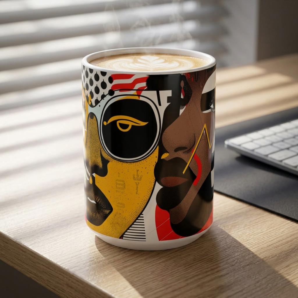 Soul Sisters white ceramic mug with colorful abstract face art printed on them, displayed on a light wood desk in an office setting.