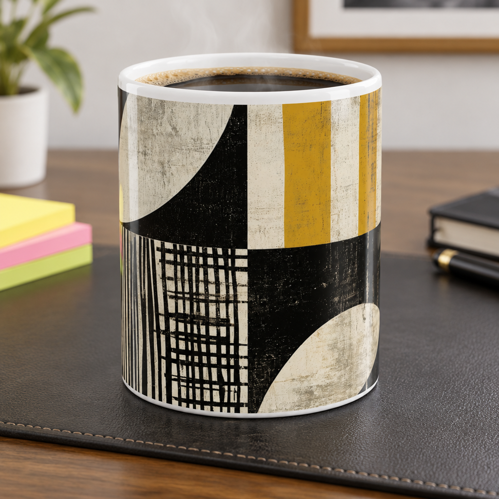 A white ceramic coffee mug with a modern abstract geometric pattern in black, cream, and mustard yellow, filled with black coffee and set on a dark desk mat.