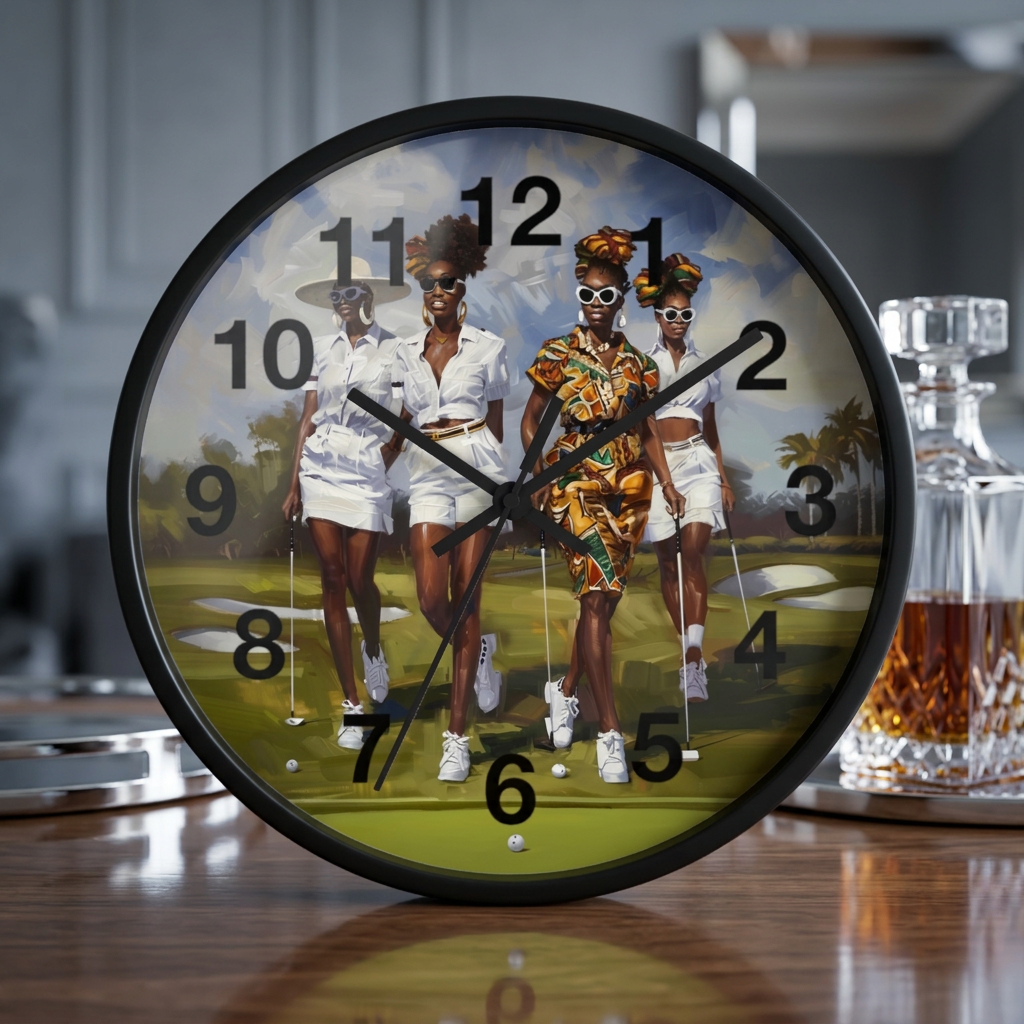 Round wall clock with a black frame and a printed face showing four women walking on a golf course. The clock is placed on a wooden table next to a glass decanter, with a blurred indoor background.