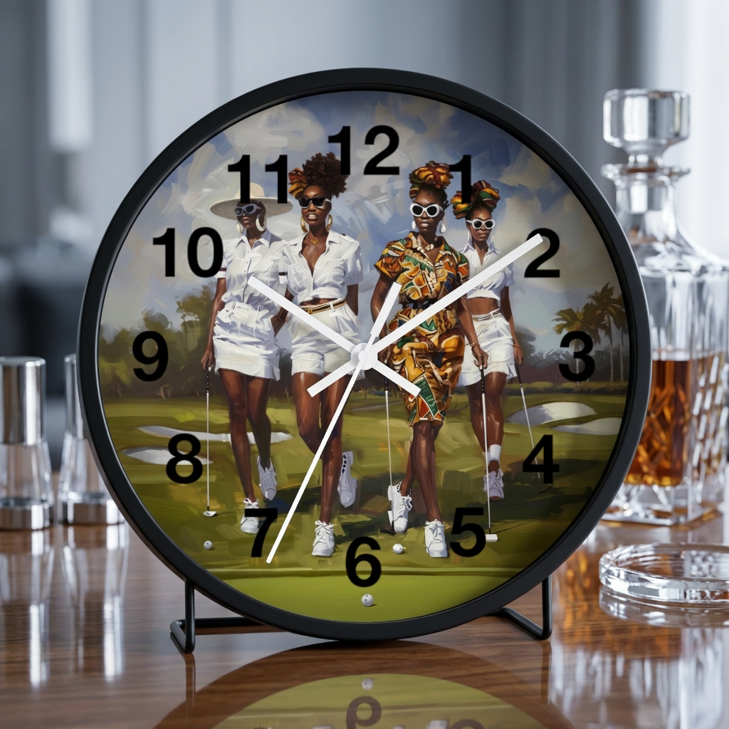 Round desk clock with a black frame, black numbers and white clock hands and a printed graphic of four women walking on a golf course, displayed on a wooden table with glassware in the background.
