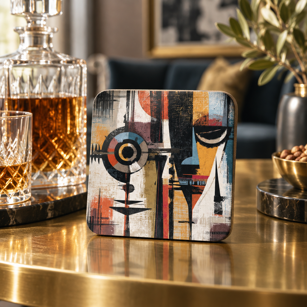 African Mask beverage coasters featuring vibrant Afrocentric artwork, displayed upright on a brass tabletop with crystal decanter in background.
