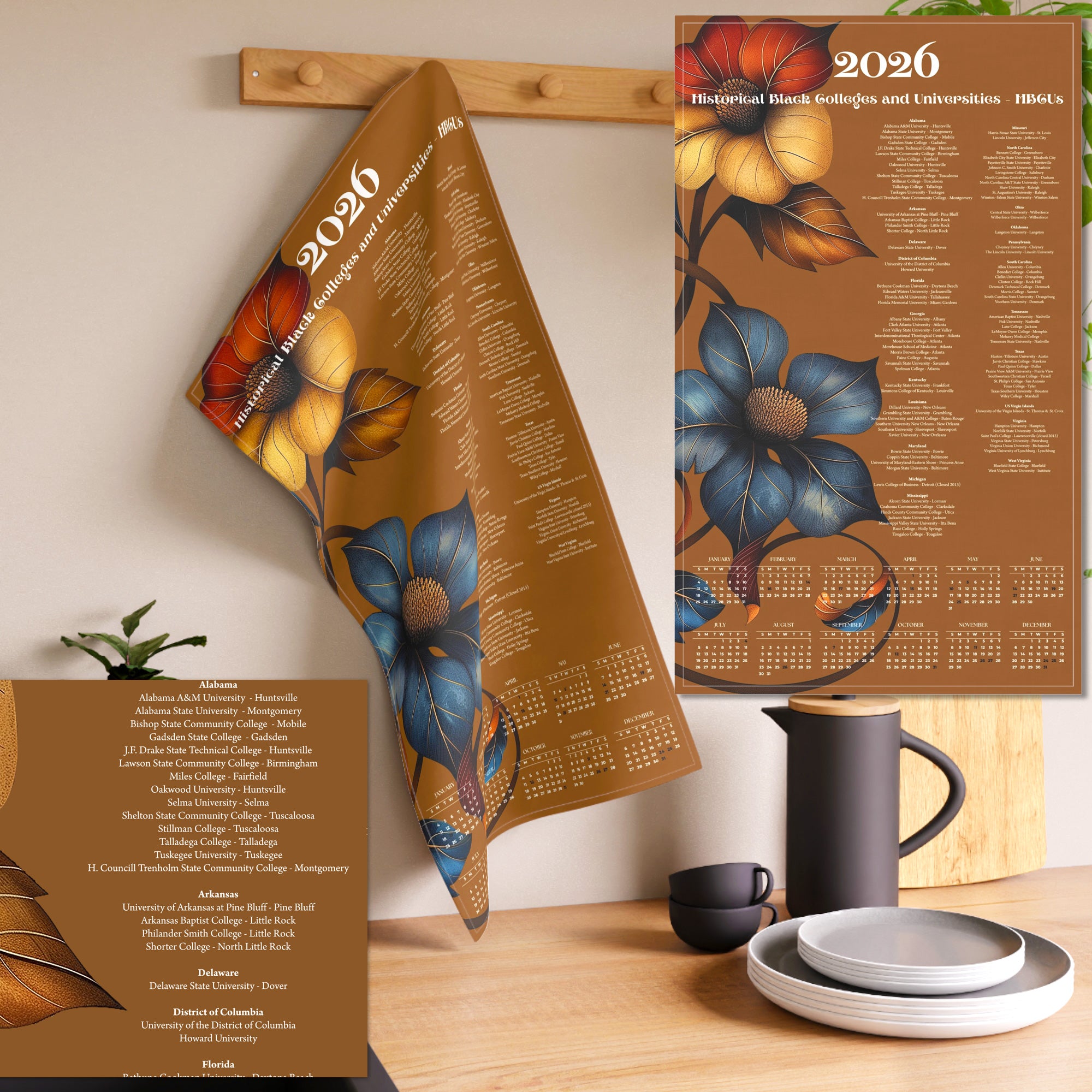 2026 Tea Towel Calendar featuring Historical Black Colleges and Universities in every state with wildflower vine design – Afrocentric functional home decor.