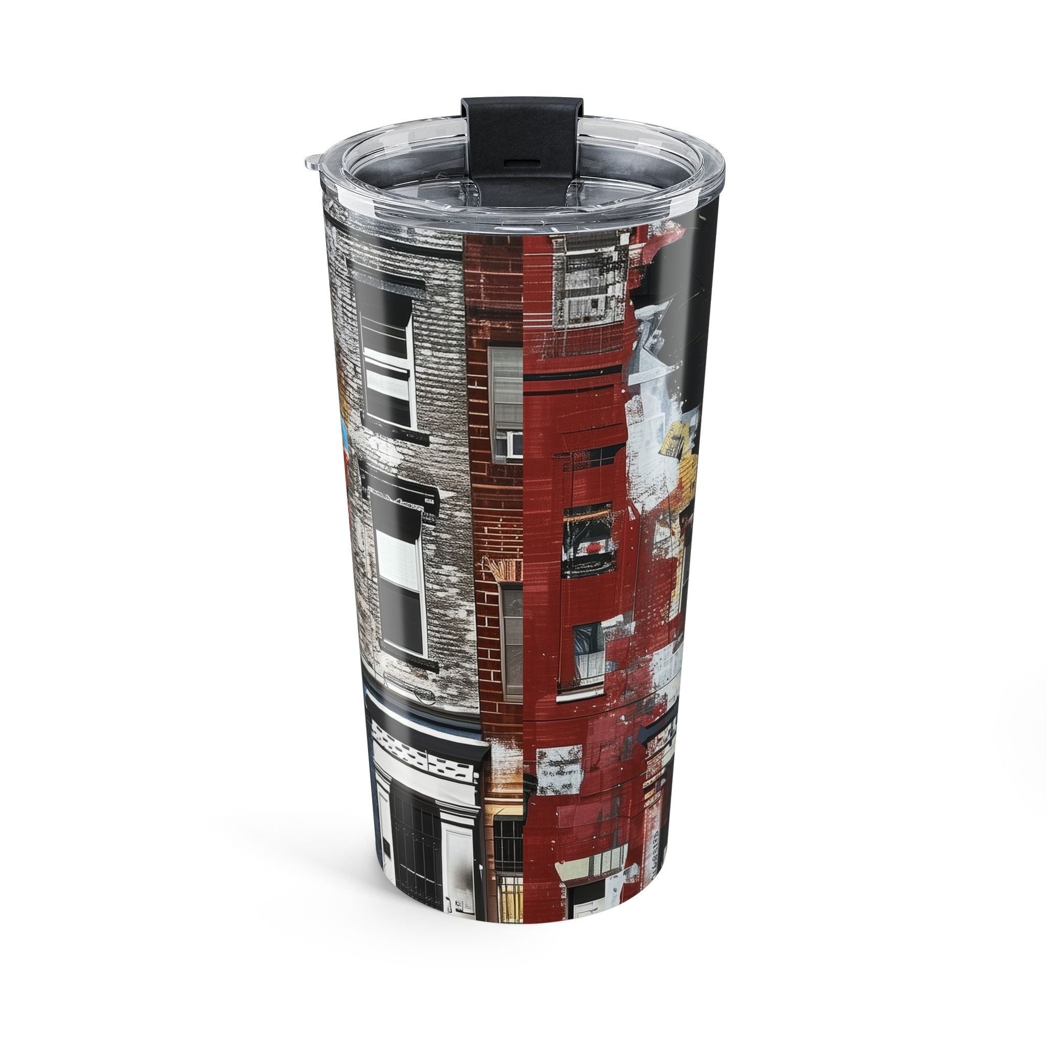 20 oz Boss Babe Lakendra tumbler with graffiti style illustration of a confident woman, featuring a clear push-on lid and rubber gasket, suitable for hot and cold drinks.