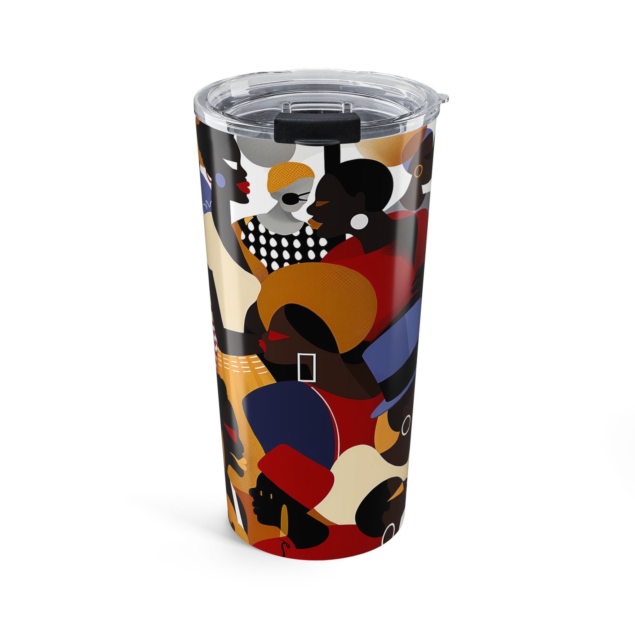 20 oz Juneteenth Family Reunion Celebration tumbler with colorful urban abstract art featuring Black family gathering imagery and clear push-on lid for hot and cold beverages