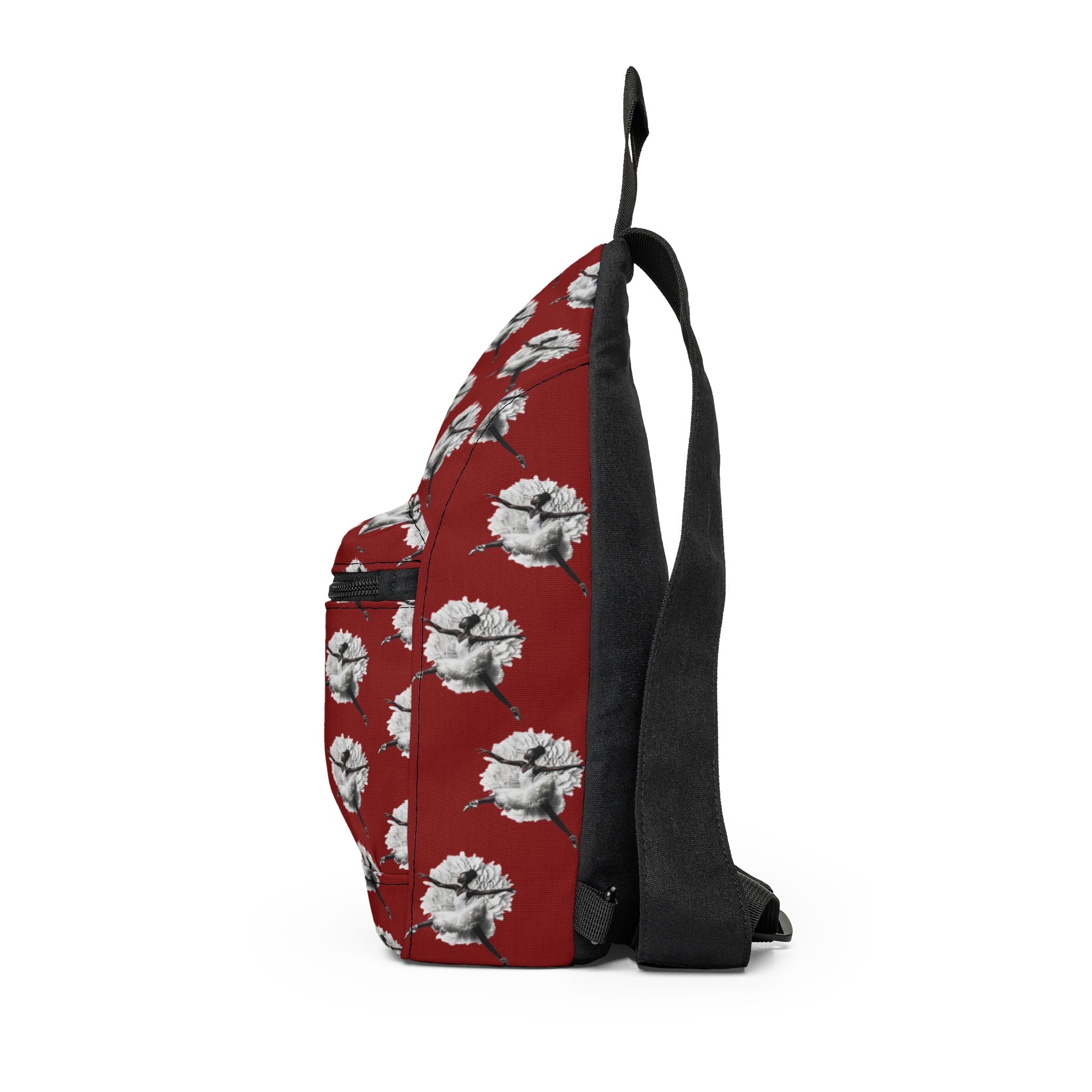 Crossbody sling bag featuring a graceful Black girl ballerina wearing a white tutu and ballet slippers in an elegant dance pose, celebrating ballet and African American representation.