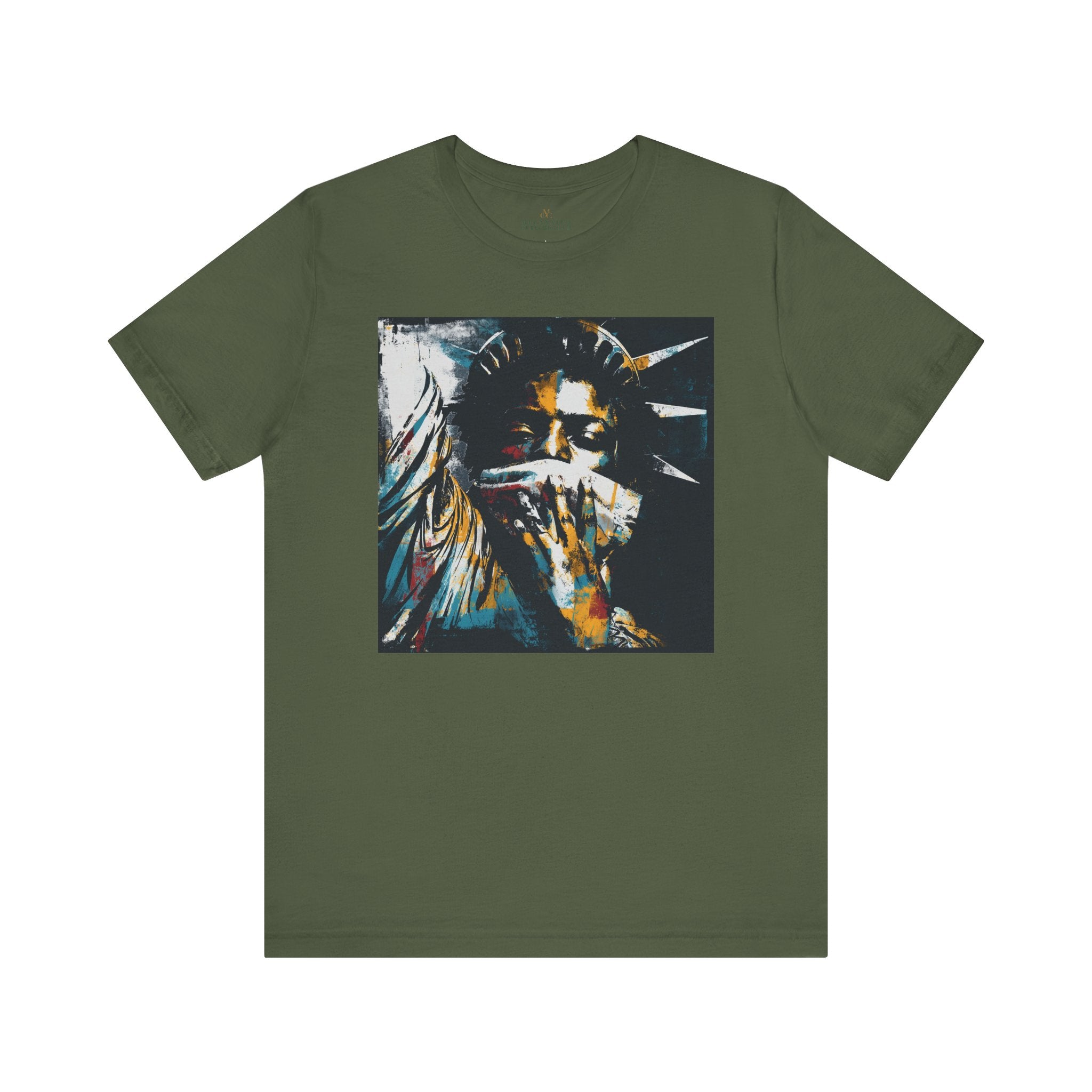 Black woman depicted as Statue of Liberty with mouth covered by white cloth symbolizing silenced freedom of speech First Amendment protest art on tee shirt.