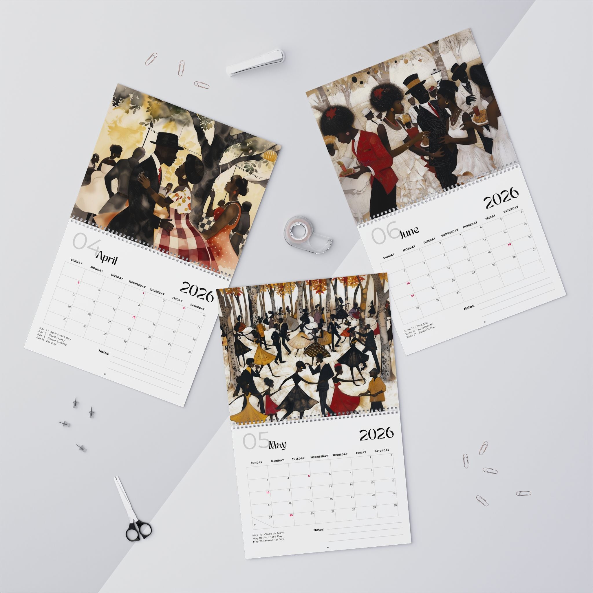 2026 Picnic in the Park Wall Calendar featuring African American lifestyle art. Afrocentric calendar with family reunion celebration, Black culture inspiration, and vibrant home décor. 
