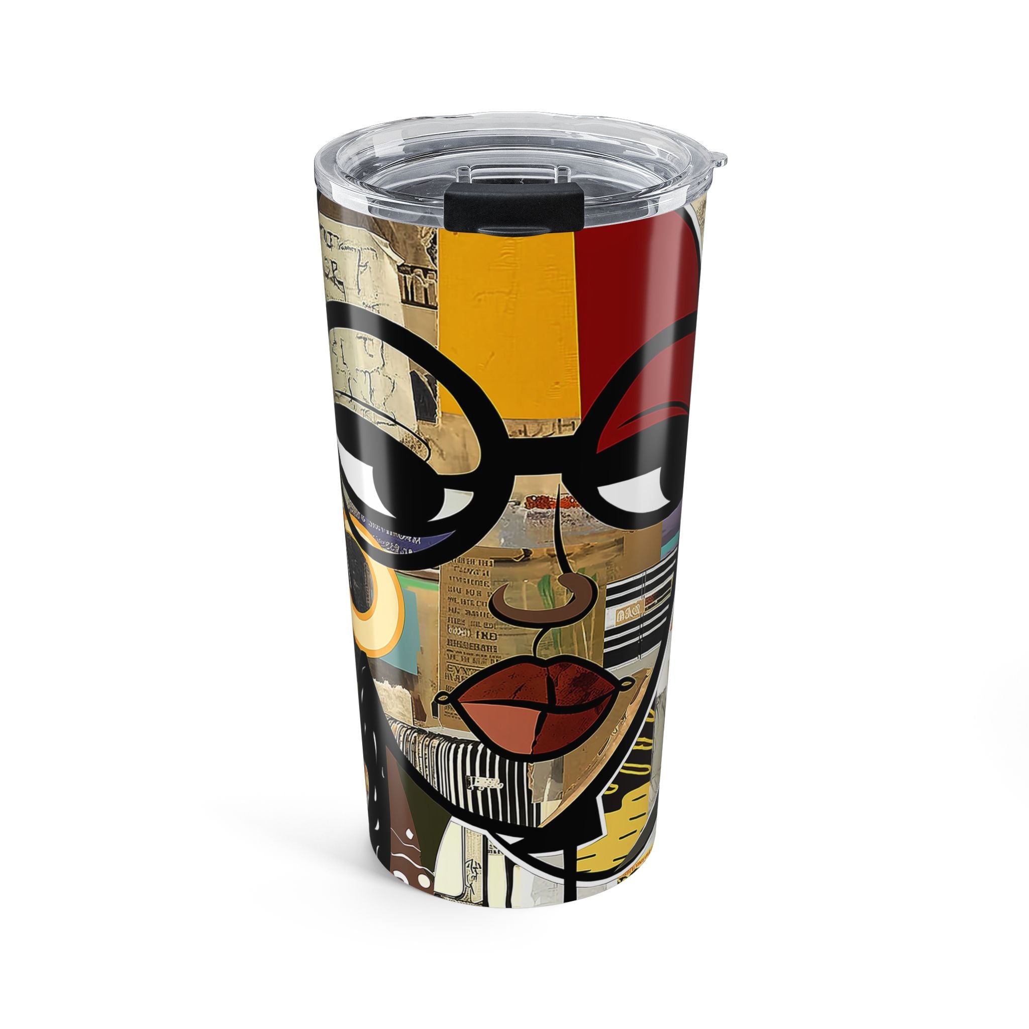 20 oz Boss Babe Latisha tumbler with graffiti style illustration of a confident woman, featuring a clear push-on lid and rubber gasket, suitable for hot and cold drinks