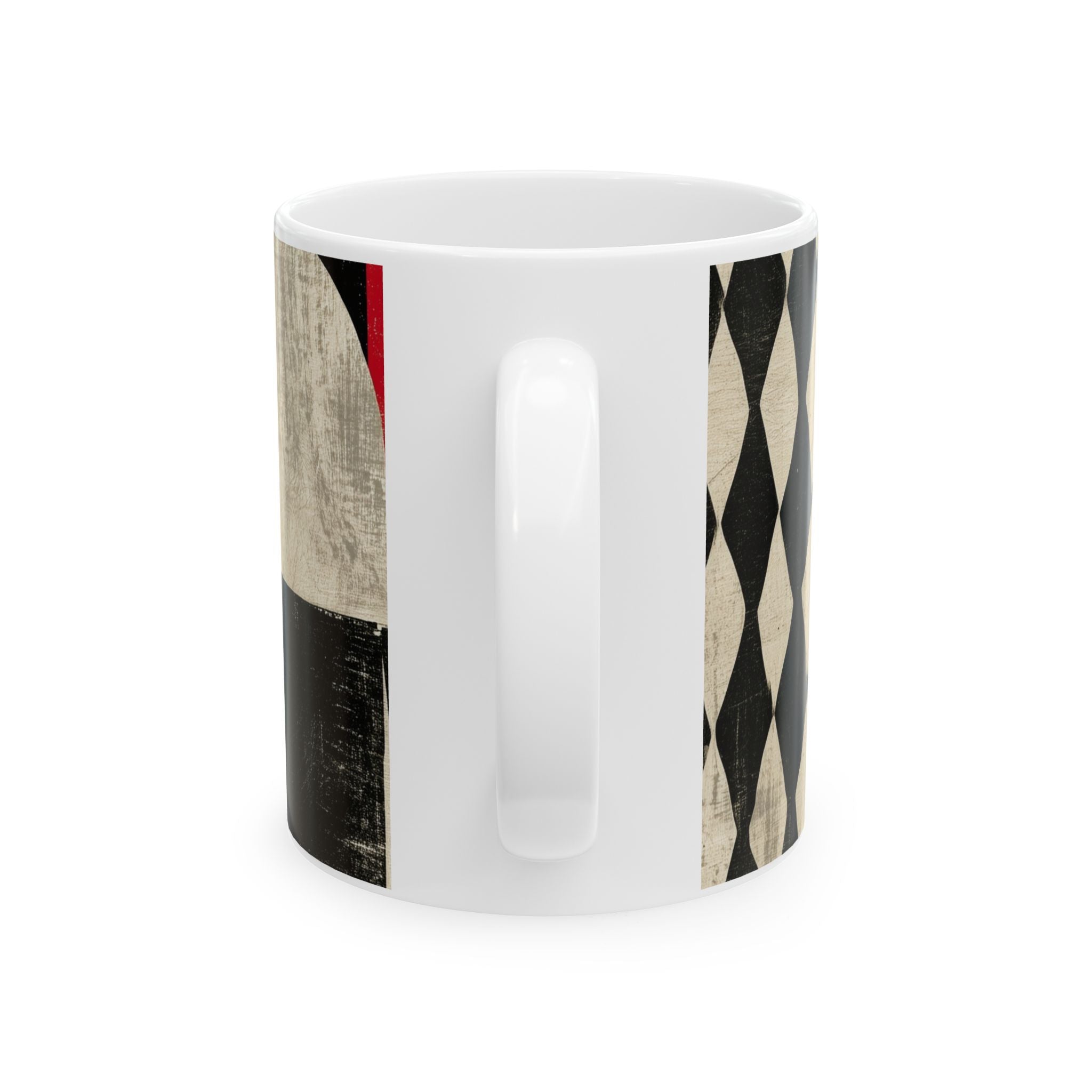 Back view of an 11 oz  Afrocentric geometric coffee mug featuring creme, black and red abstract shapes, arches, stripes and checkerboard patterns, displayed against a white background.
