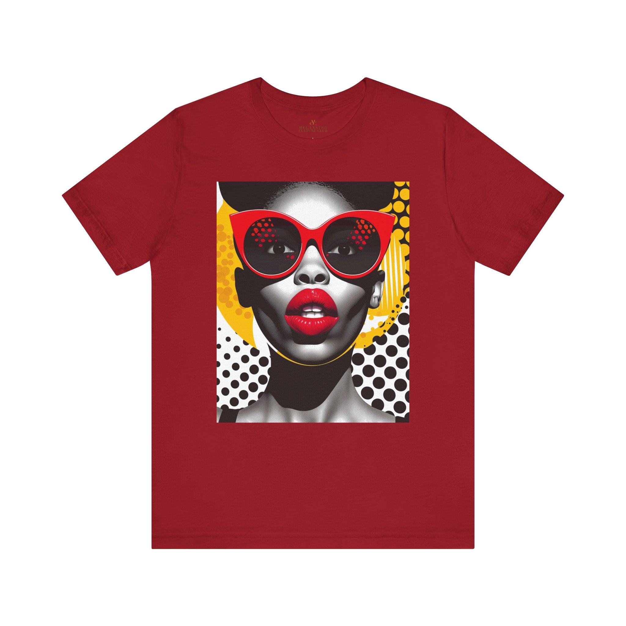 Black Woman Shock Pop Art Tee Shirt featuring an Afrocentric retro comic style illustration of a surprised Black woman. Bold psychedelic colors and vintage streetwear design celebrating African American fashion and expressive art.