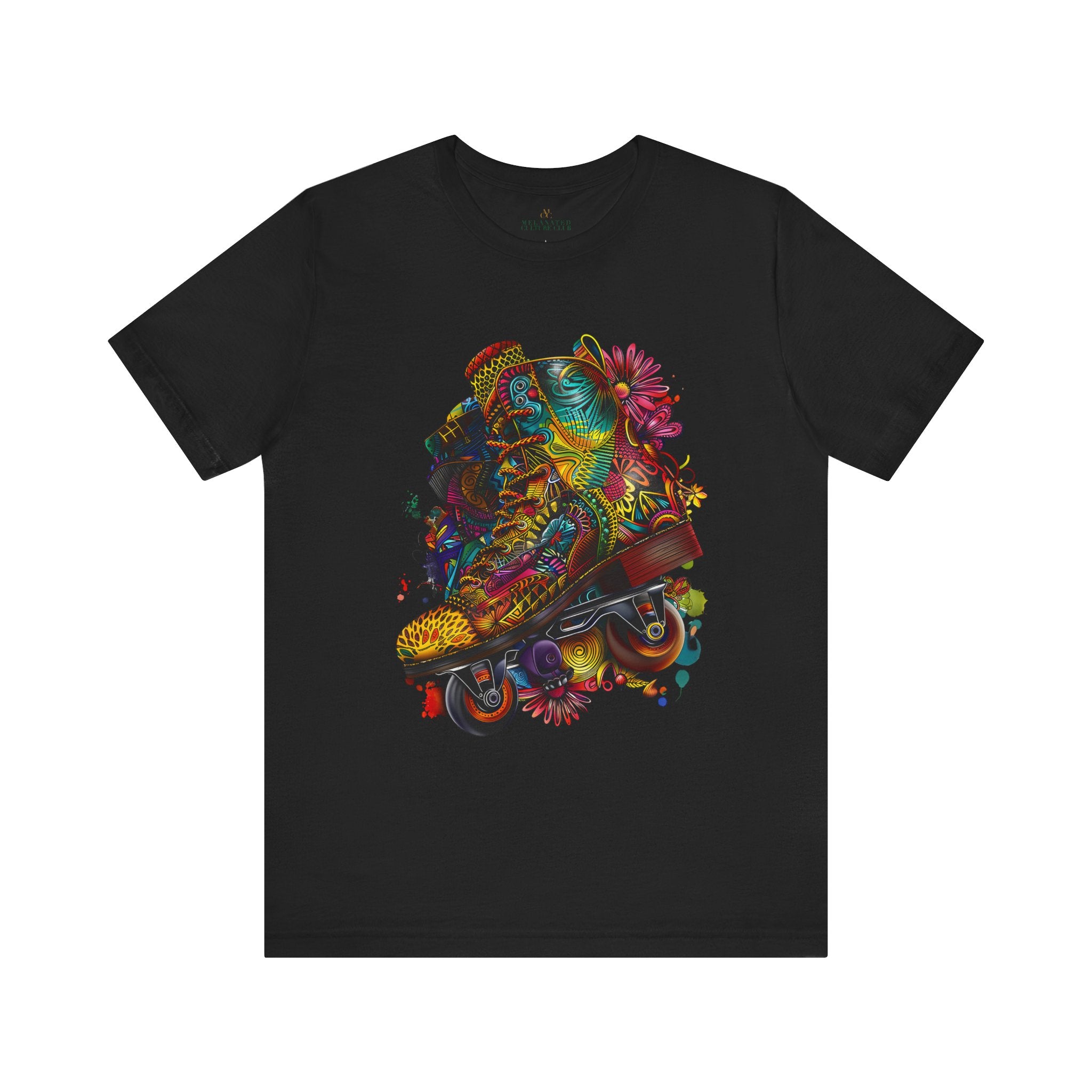 Roller Skater Psychedelic Afrocentric Style Tee in black.