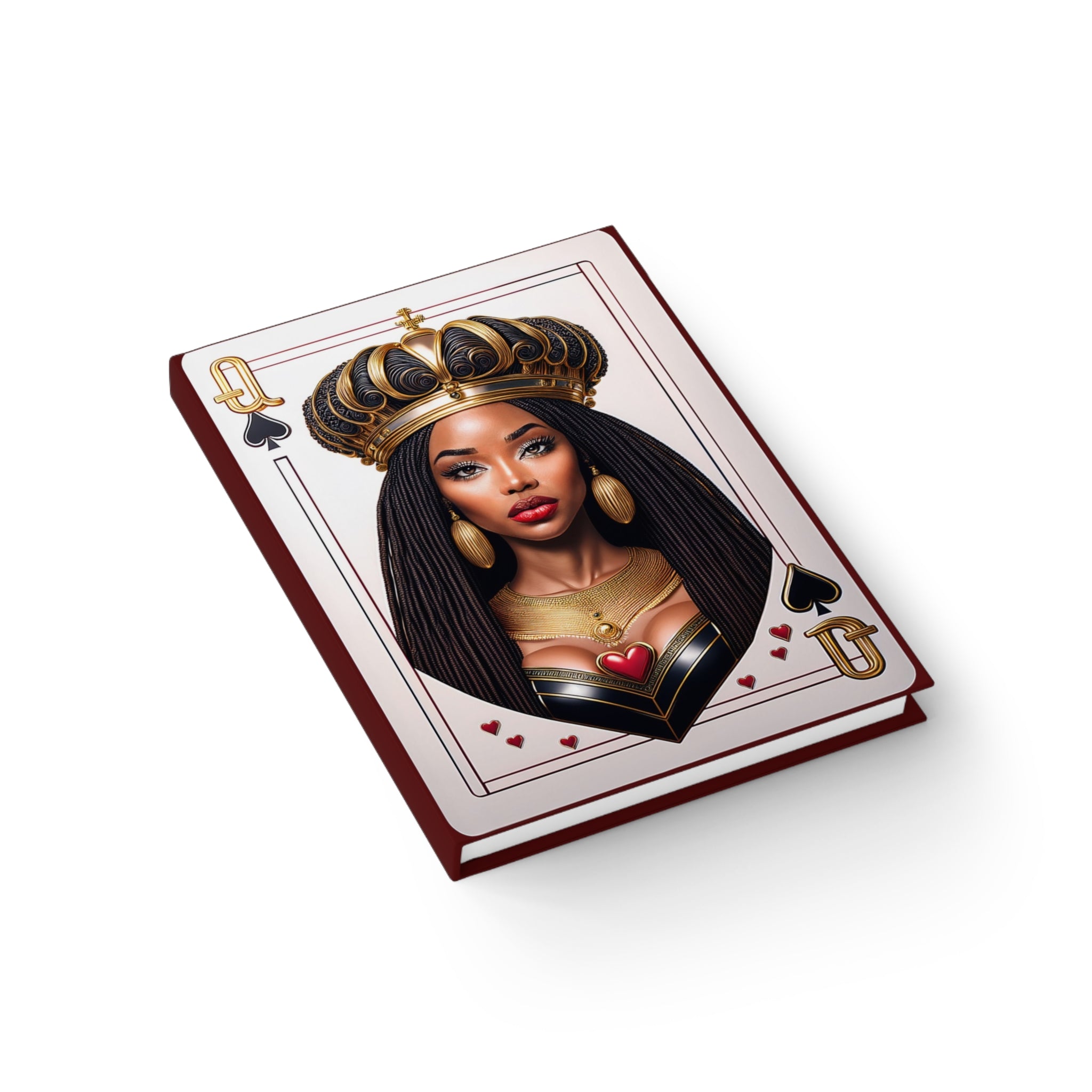 Black Queen of Spades Journal featuring an African American woman with a gold crown, inspired by royalty and empowerment. Afrocentric notebook available with blank or ruled line pages, perfect for sketching, writing, or daily journaling.