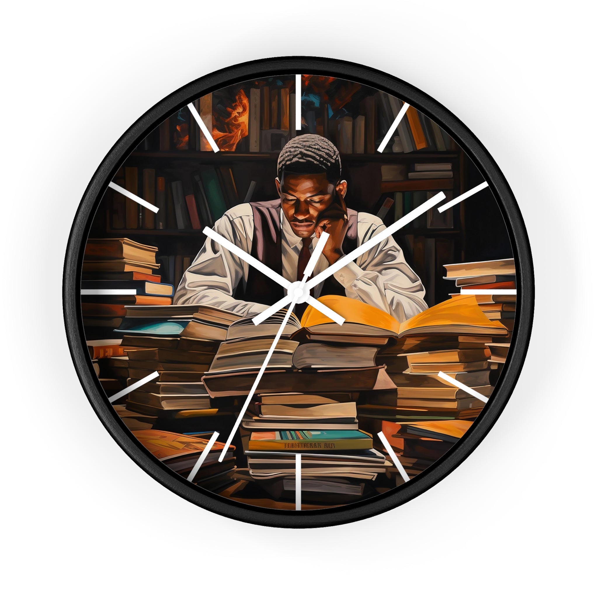 Black Man Law Student Round Wall Clock featuring an African American male scholar studying in a library setting. Afrocentric wall art symbolizing education, focus, and academic excellence.