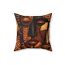 Abstract Afrocentric African Mask 16" x 16" throw pillow featuring a colorful tribal-inspired face with bold geometric patterns and vibrant cultural artwork displayed displayed against a white background.